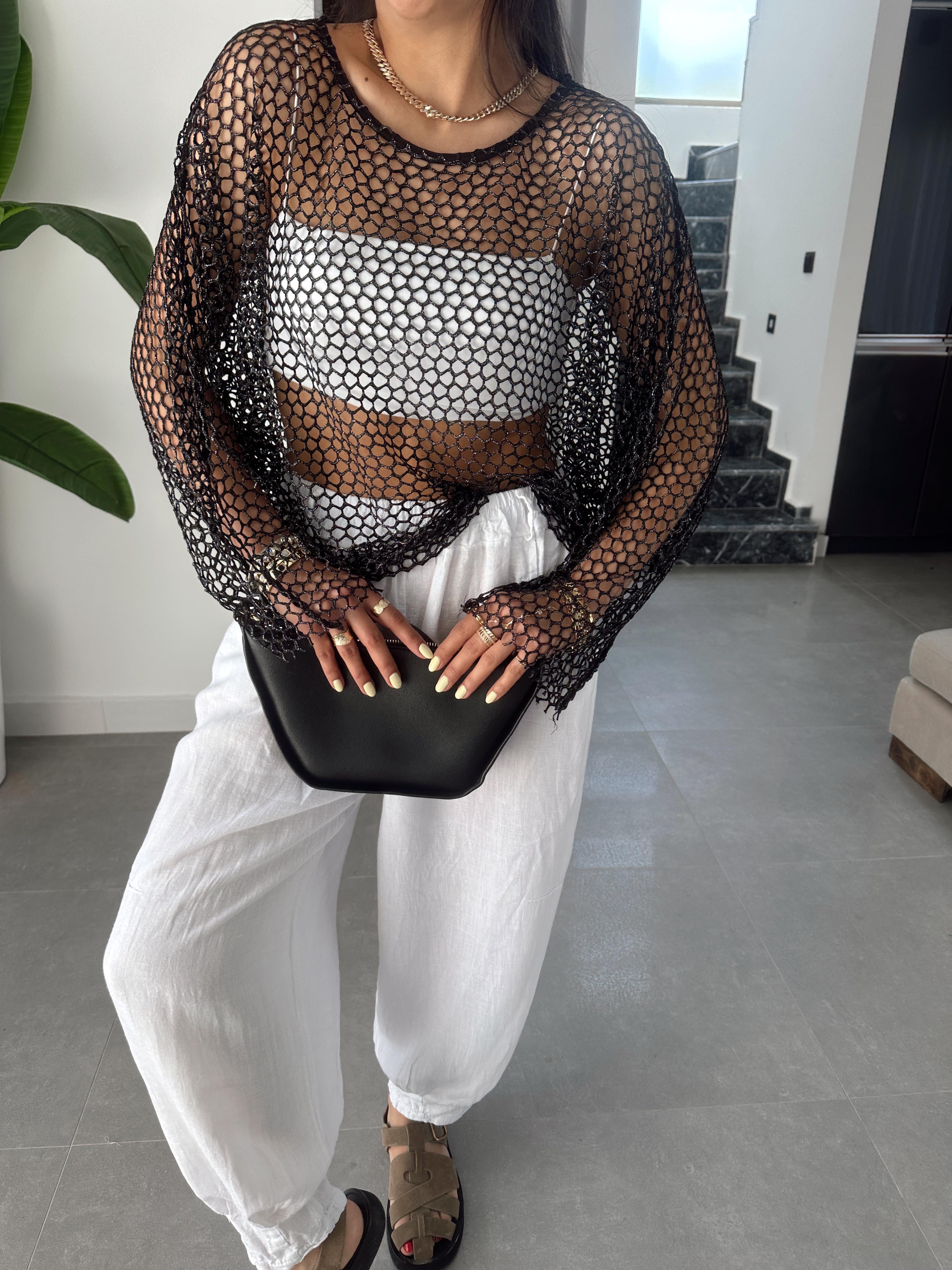 Siyah Yarasa Kol File Bluz