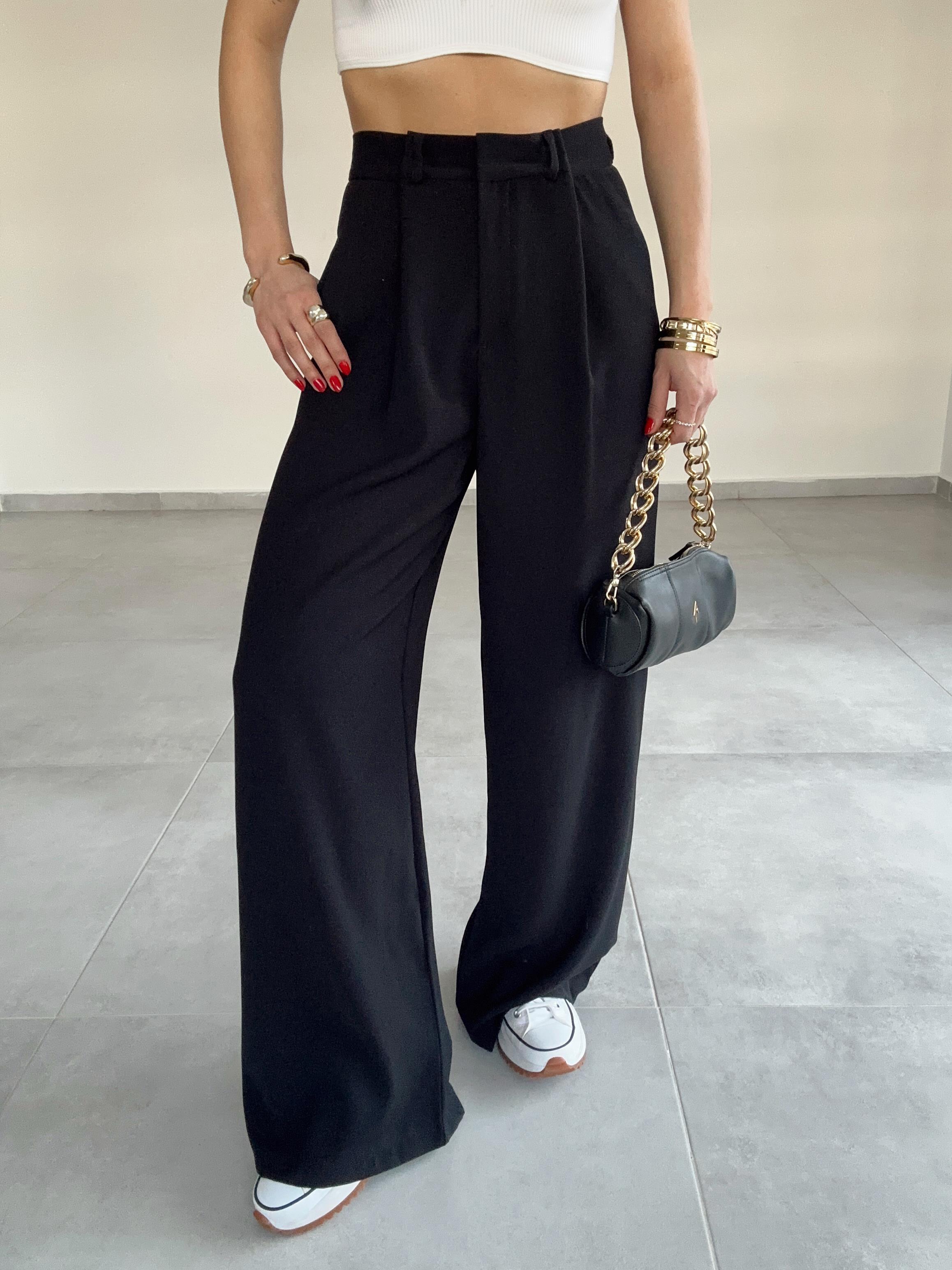 Siyah Yüksek Bel Premium Pileli Palazzo Pantolon