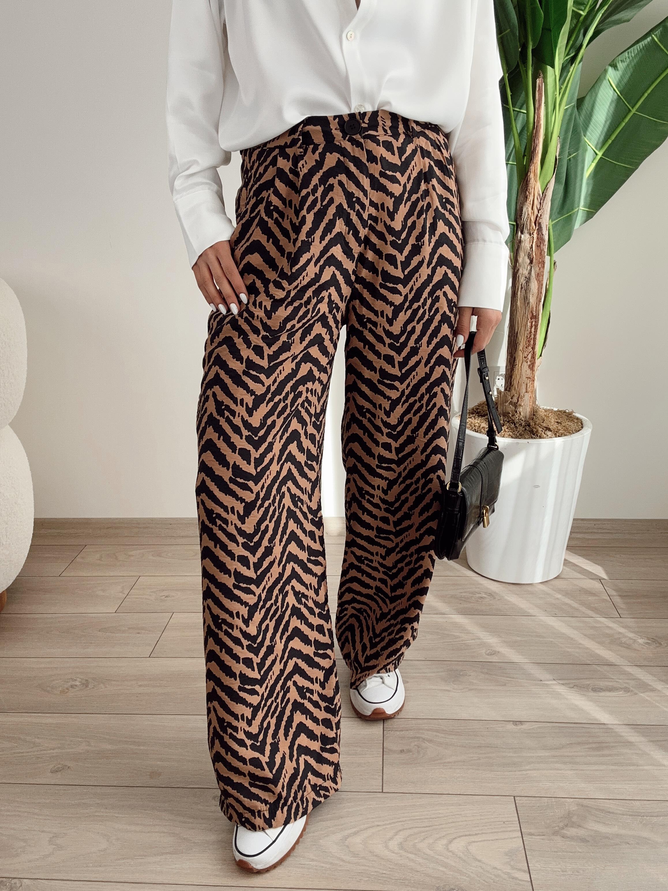 Siyah Zebra Desen Çift Pile Pantolon