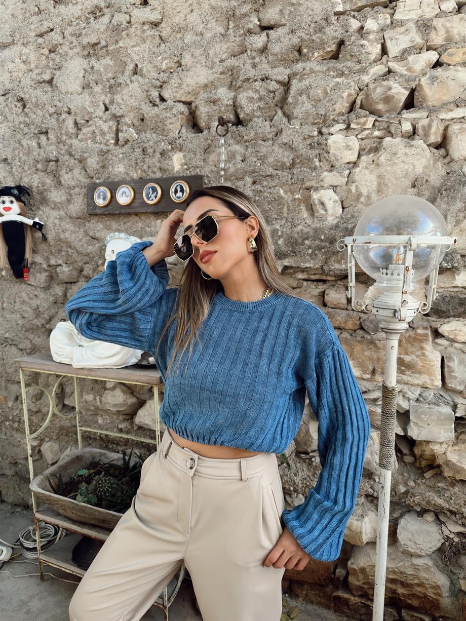 Soluk Efektli İndigo Triko Kazak