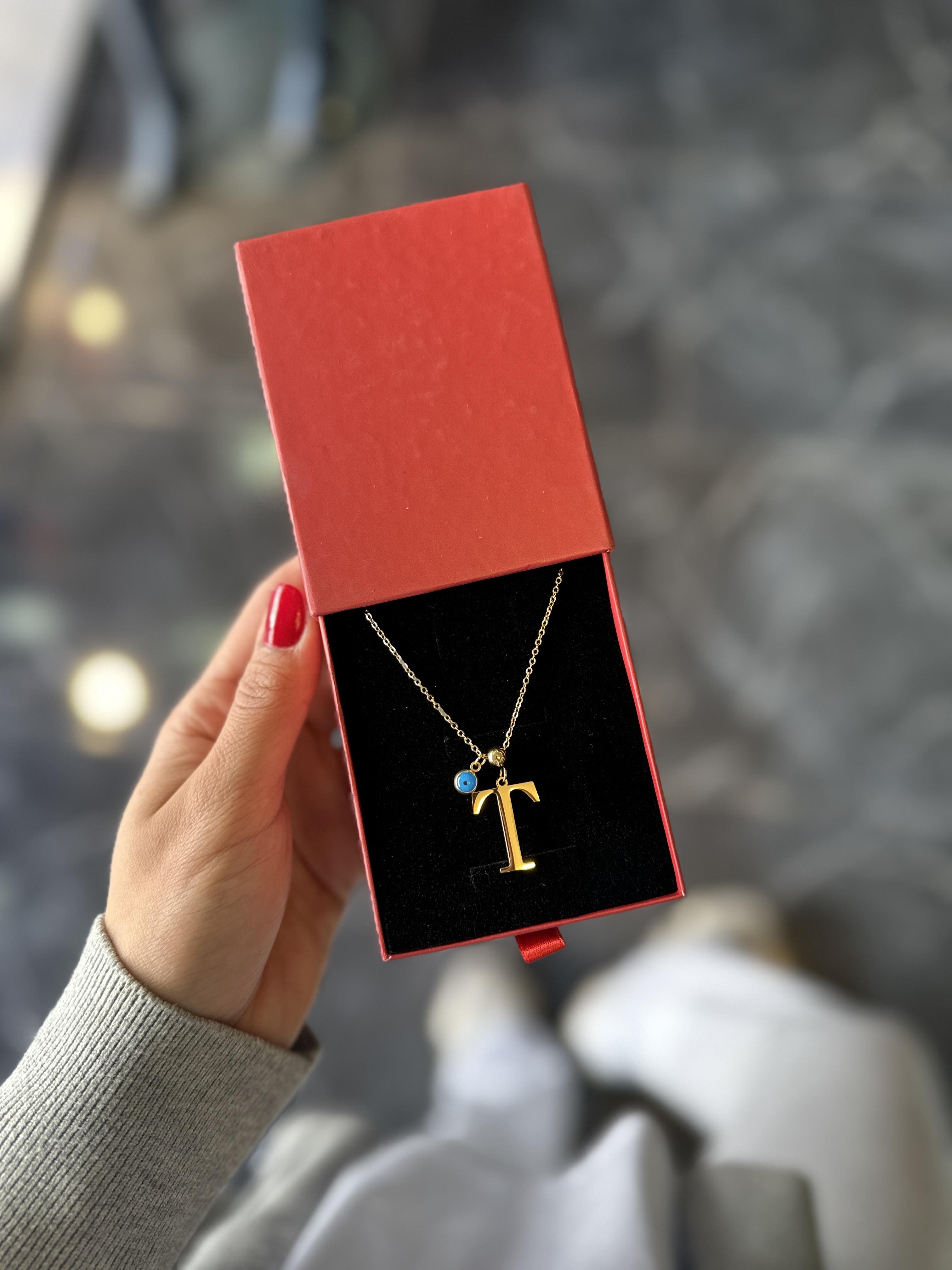 T Gold Nazar Boncuklu Harf Çelik Kolye