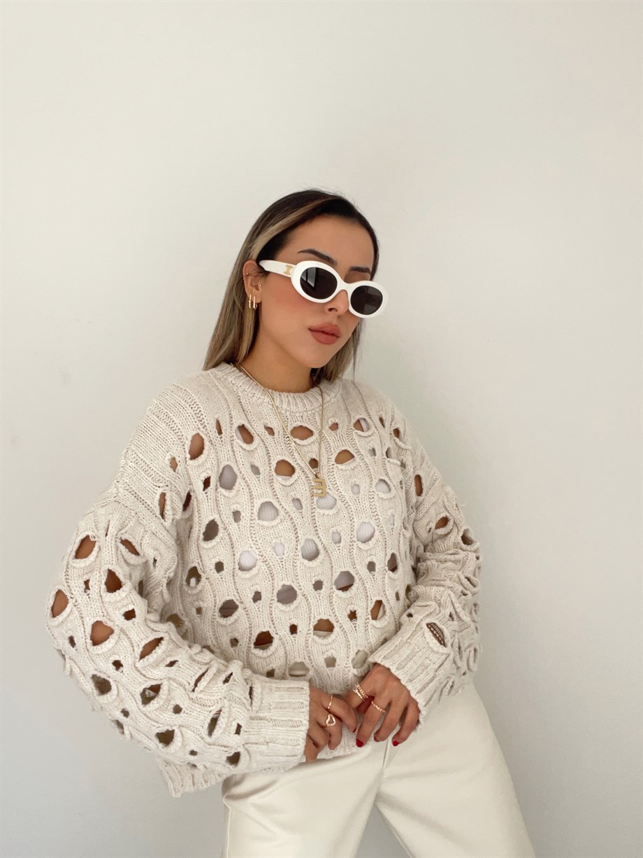 Taş Delikli Bisiklet Yaka Triko Kazak