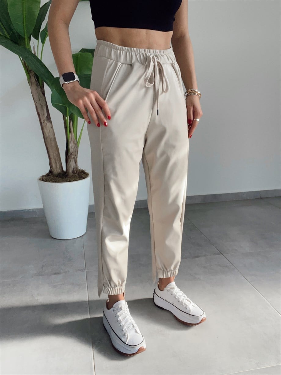 Taş  Deri Detaylı Pantalon