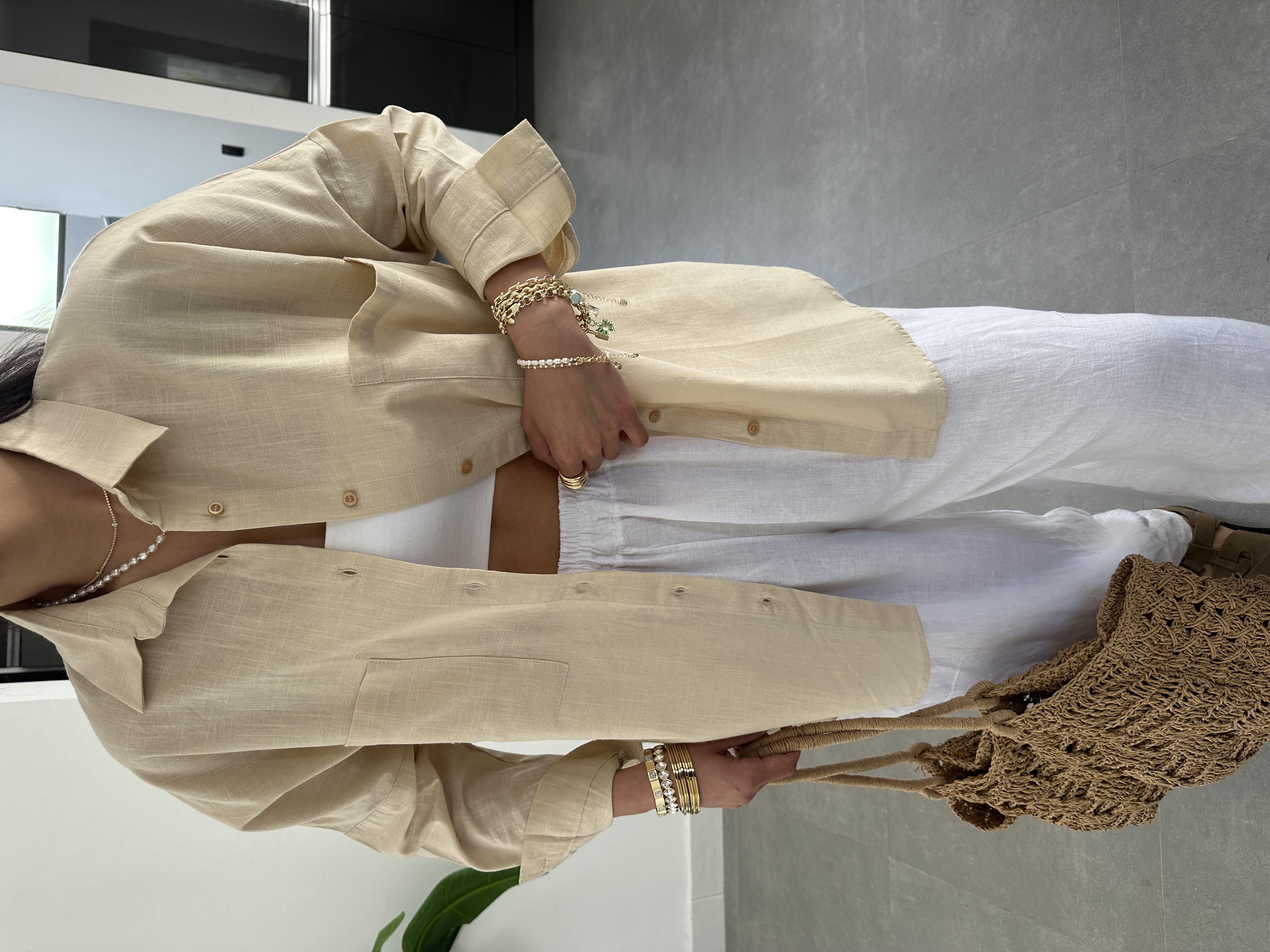 Taş Flamlı Keten Çift Cep Oversize Gömlek