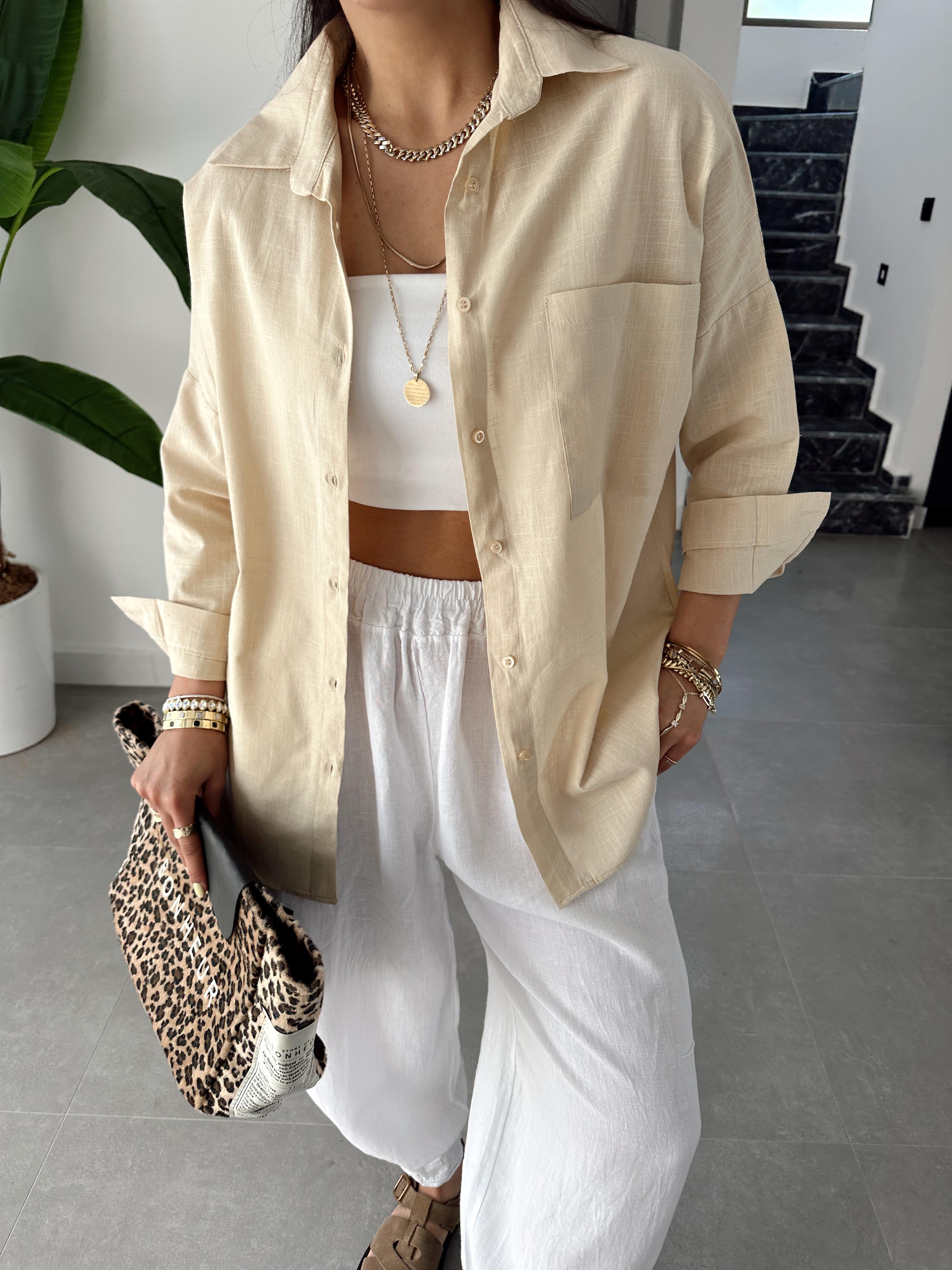 Taş Flamlı Keten Tek Cep Oversize Gömlek