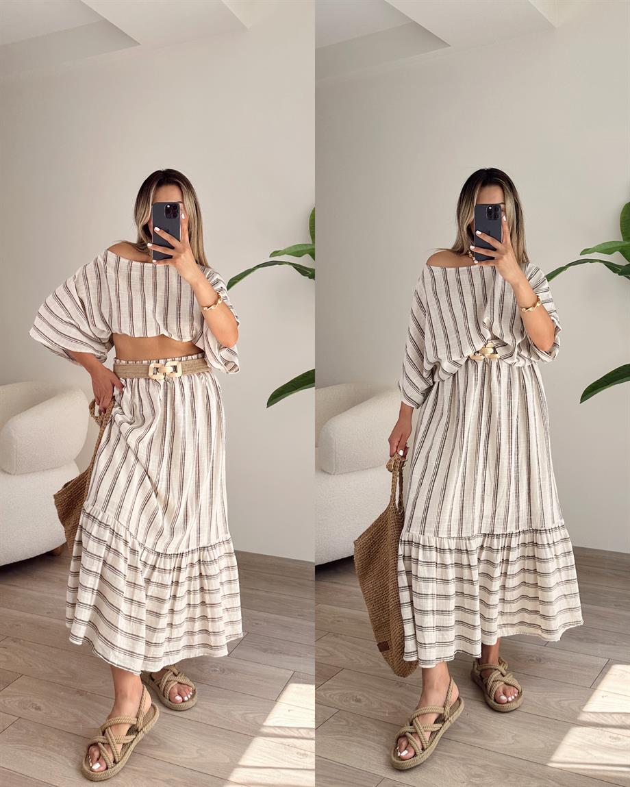 Taş-Kahve Kemerli Etek Bluz Takım