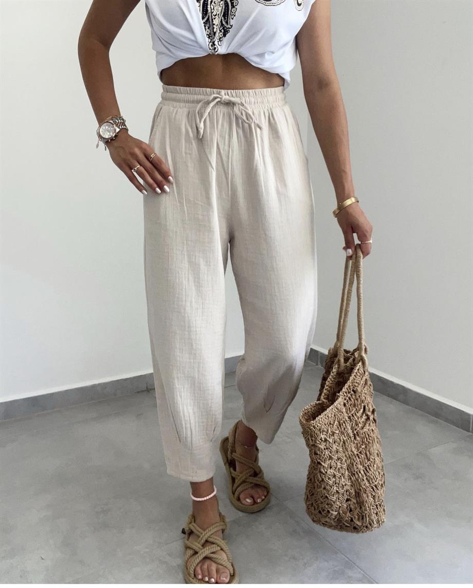 Taş Paça Pilili Keten Pantolon