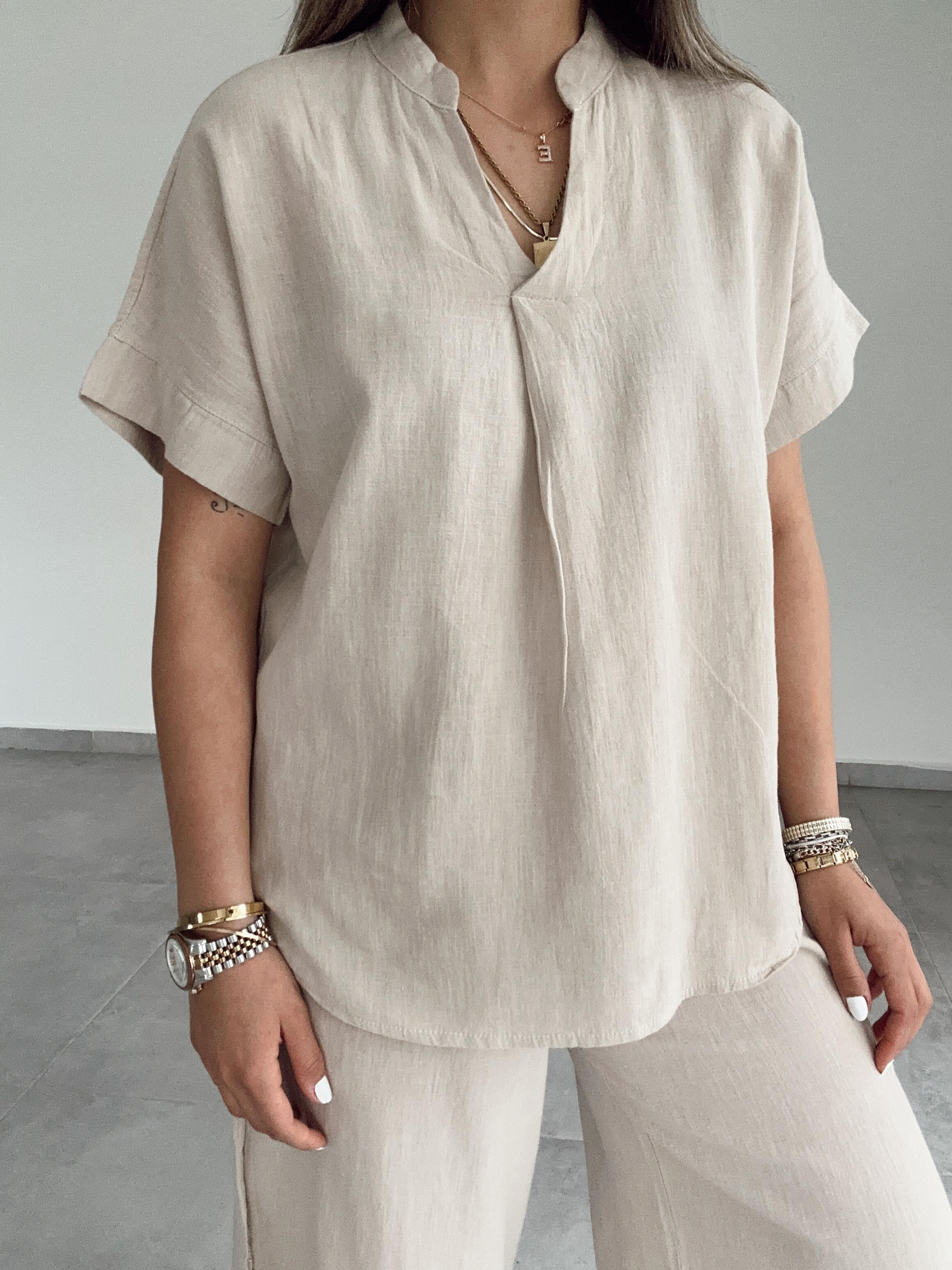 Taş Pamuk Keten Hakim Yaka Bluz