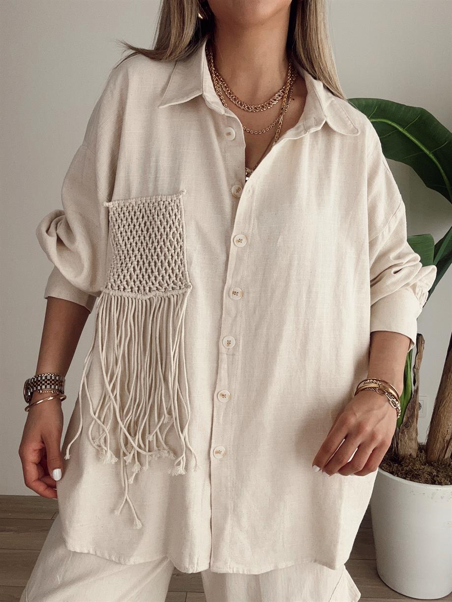 Taş Püskül Cep Detaylı Oversize Gömlek