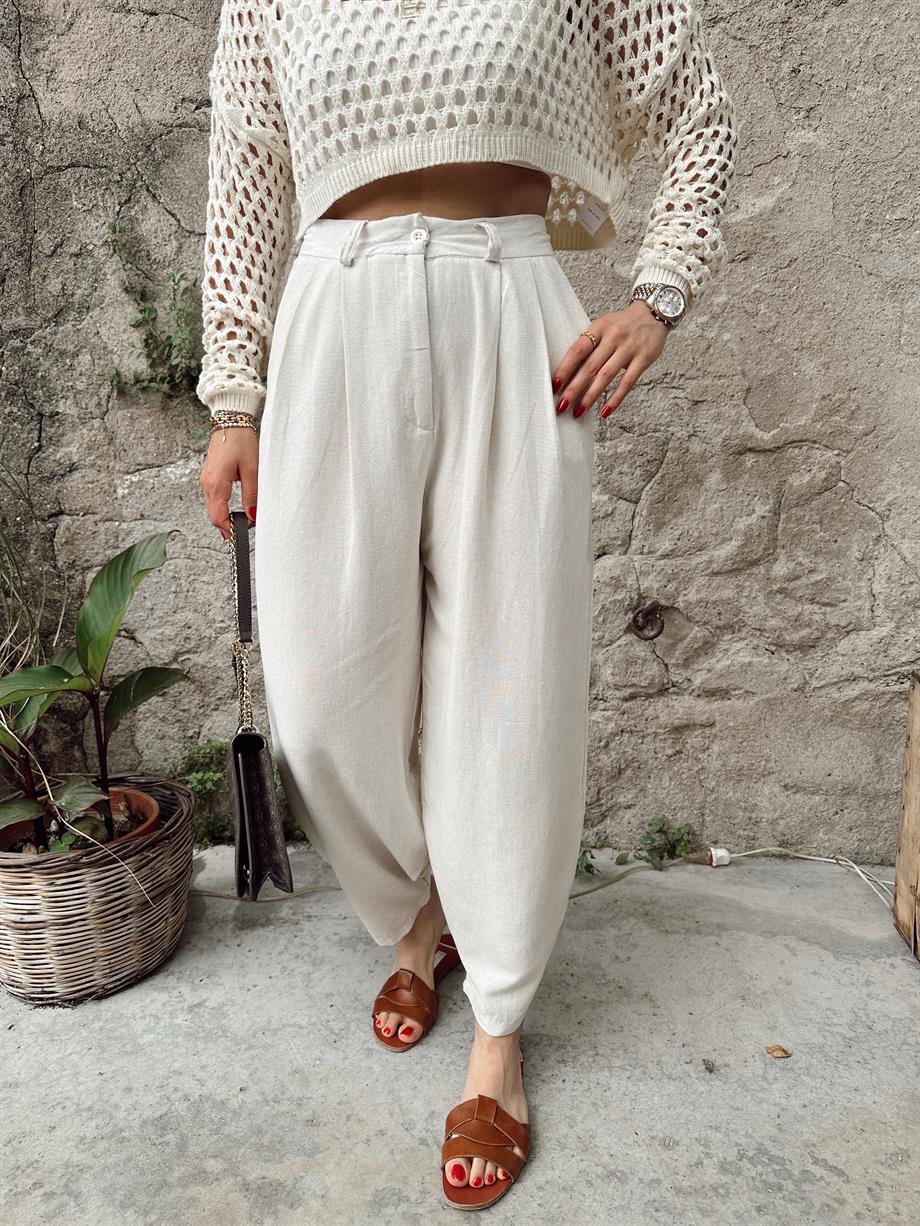Taş Rengi Keten Şalvar Pantolon