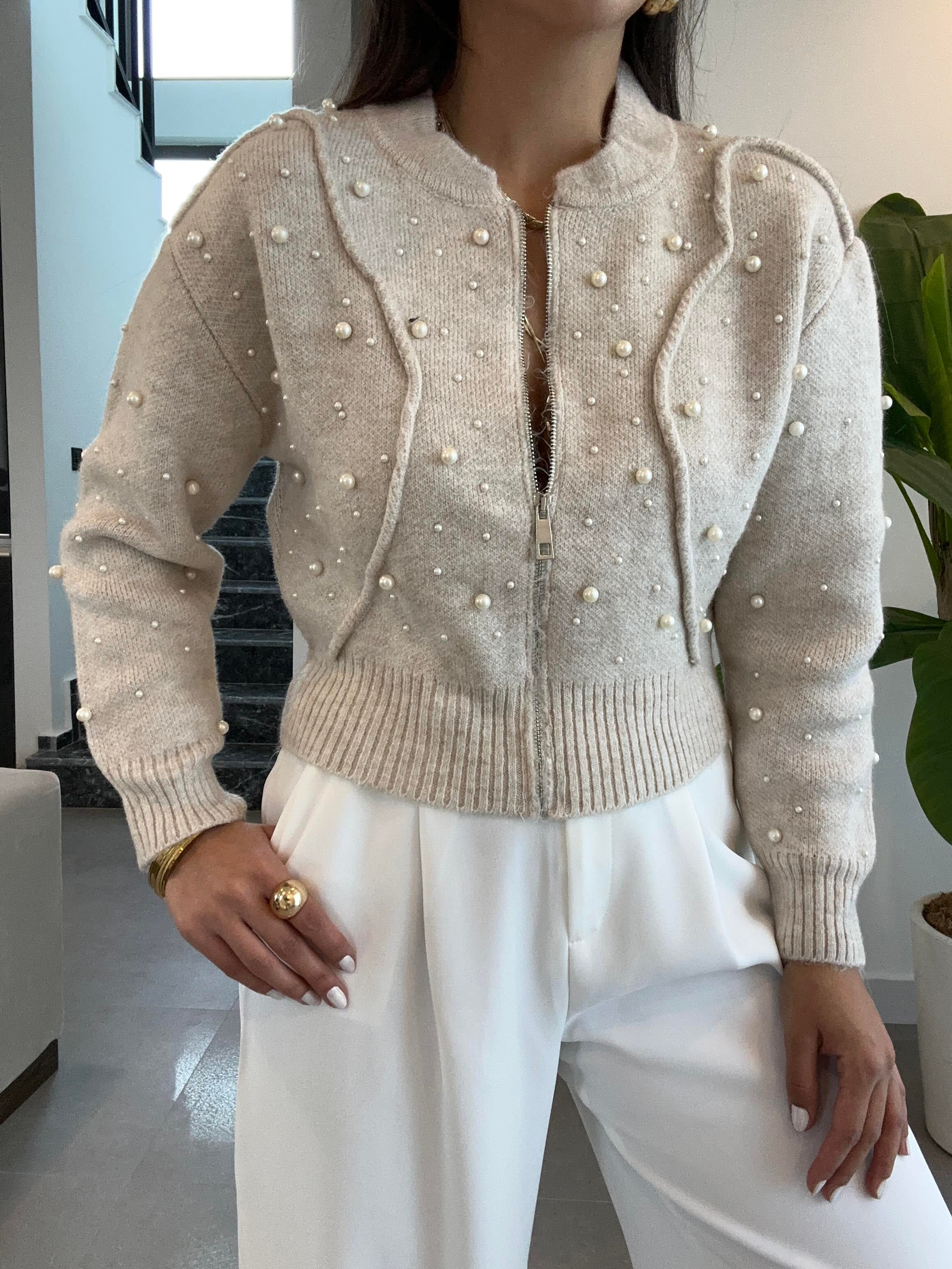 Taş Suni İncili Triko Bomber Ceket