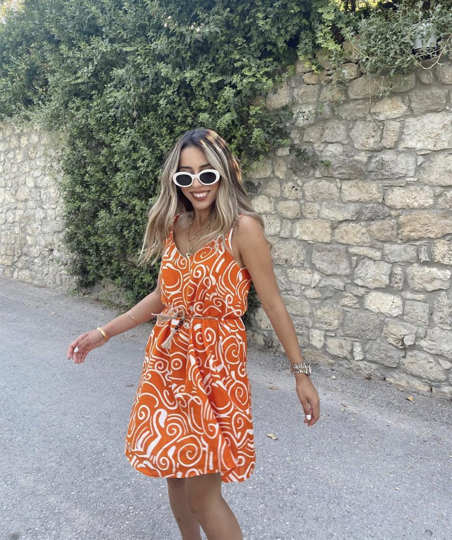 Turuncu Desenli Keten Elbise