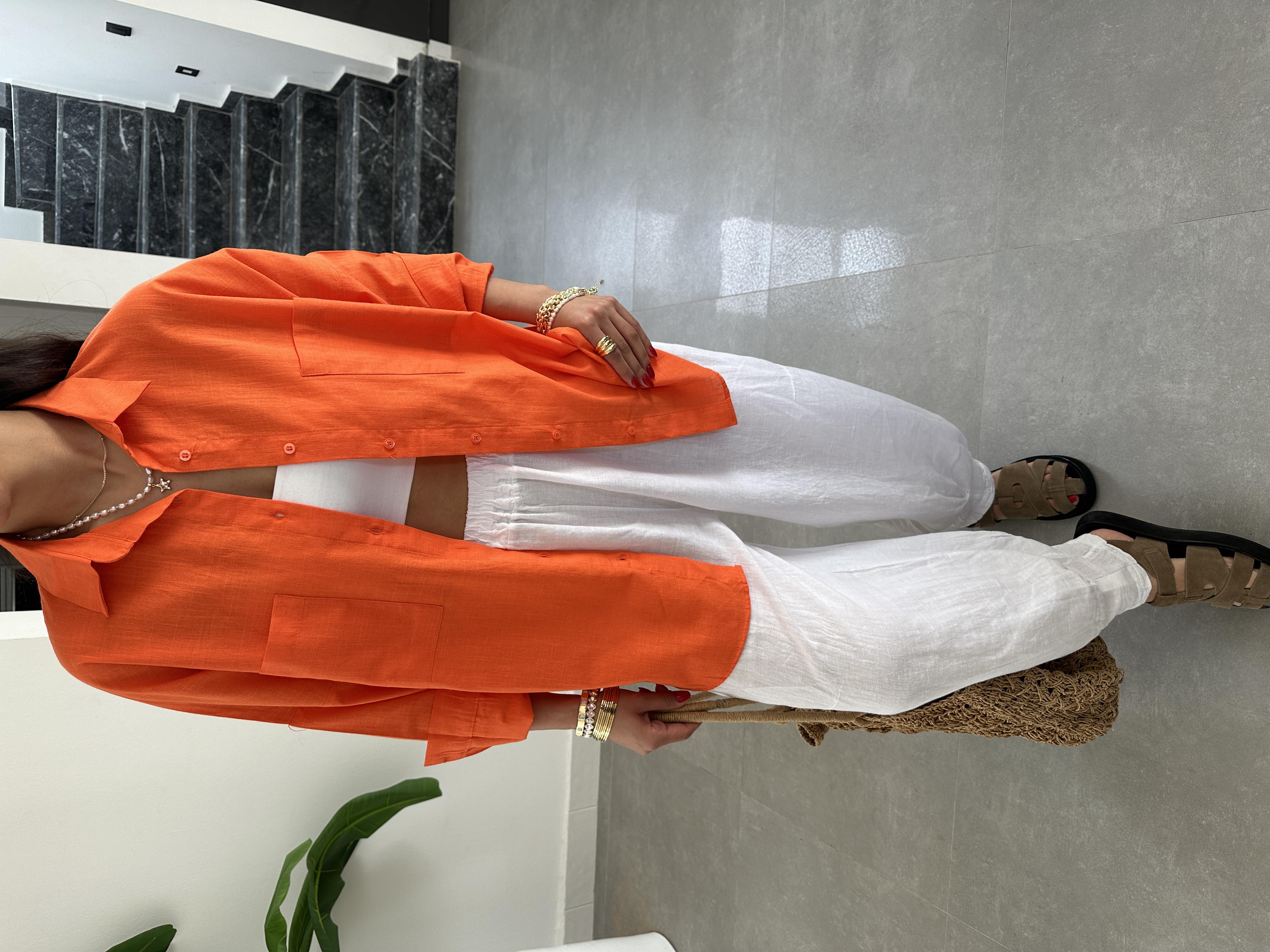 Turuncu Flamlı Keten Çift Cep Oversize Gömlek