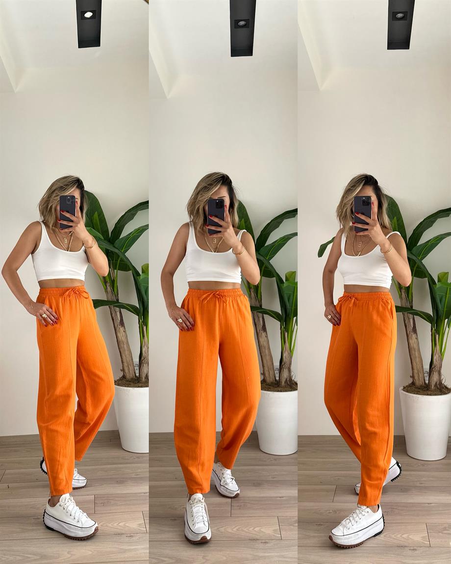 Turuncu Keten Balon Pantolon