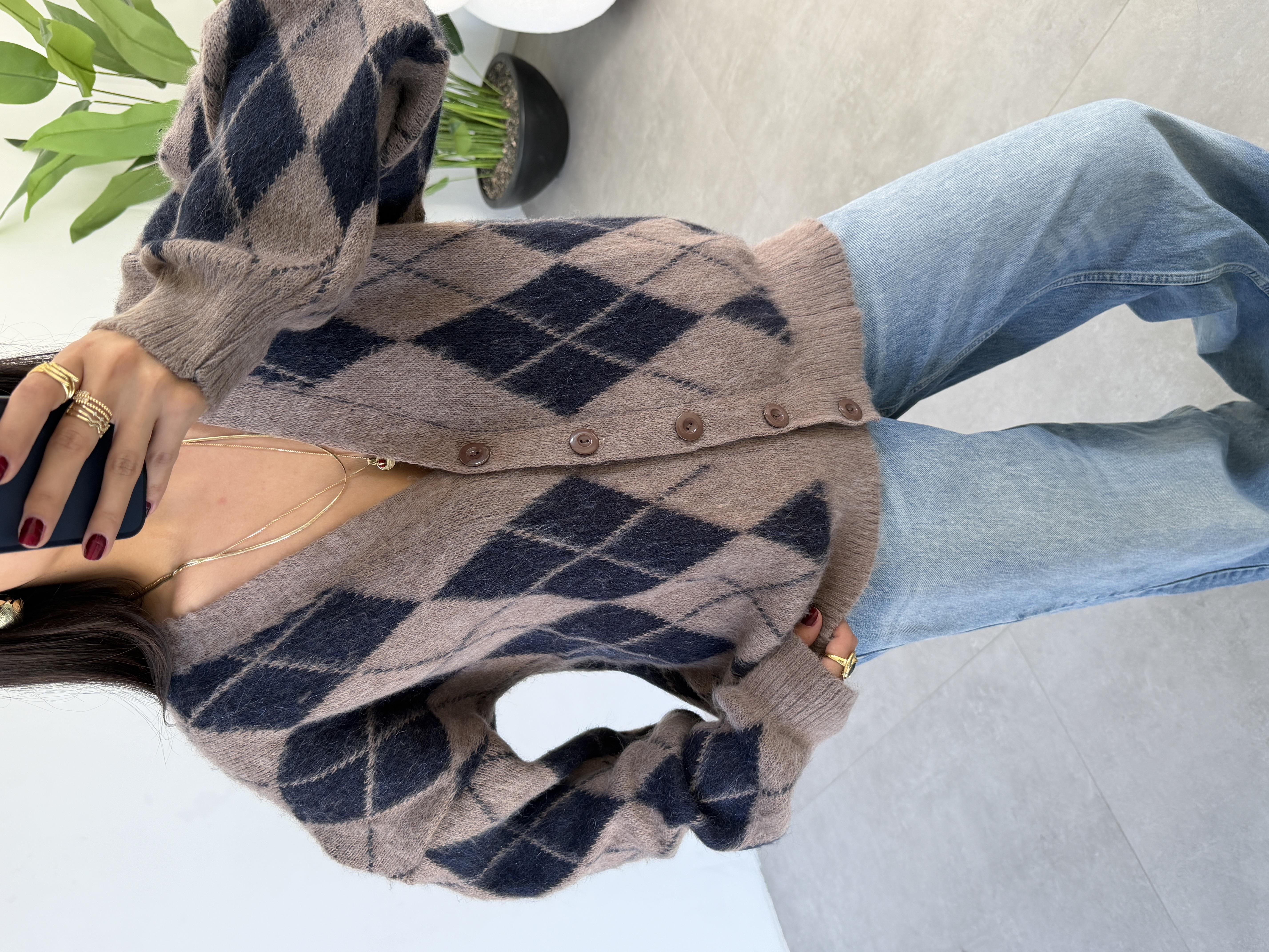 Vizon-Lacivert Baklava Desenli Triko Hırka