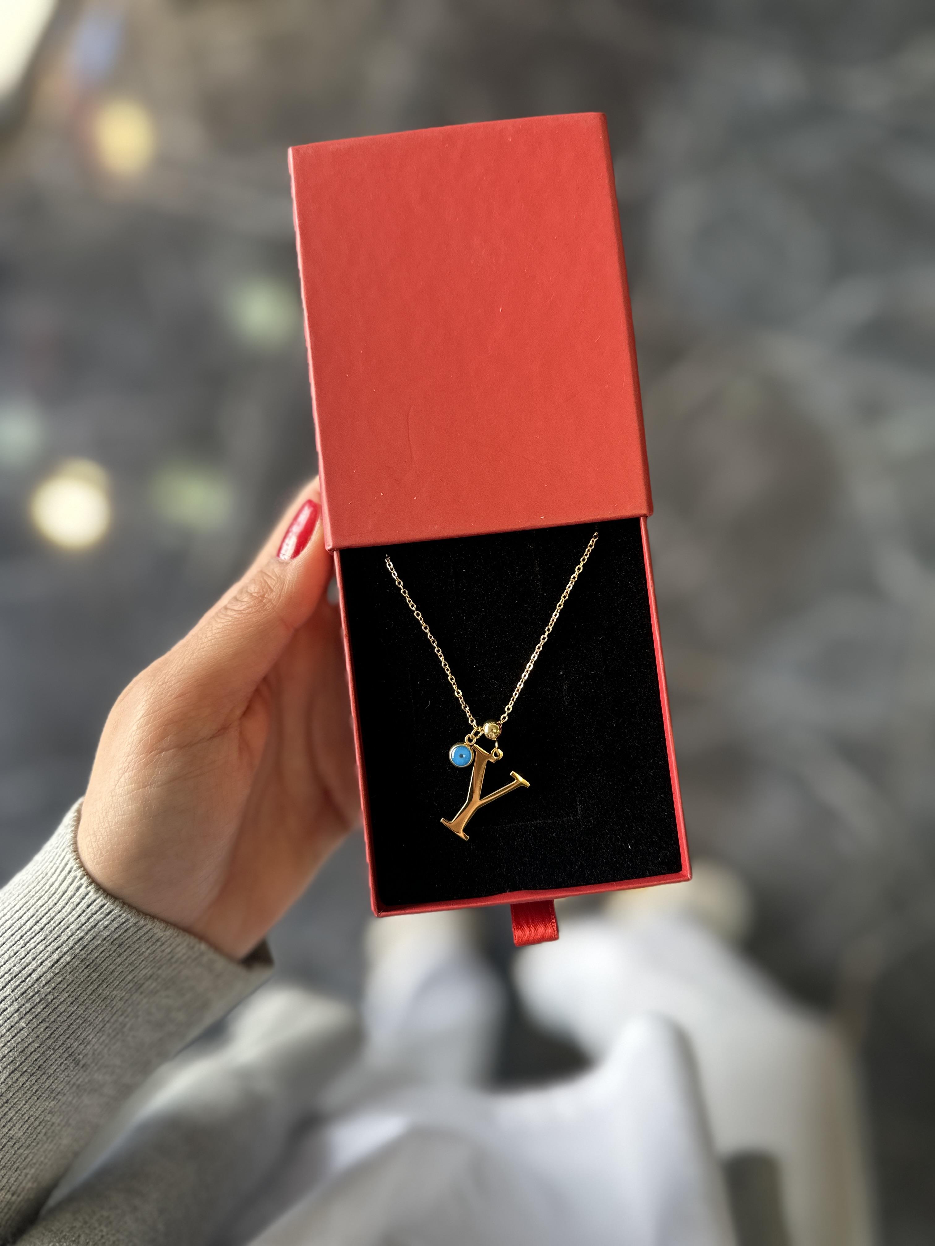 Y Gold Nazar Boncuklu Harf Çelik Kolye