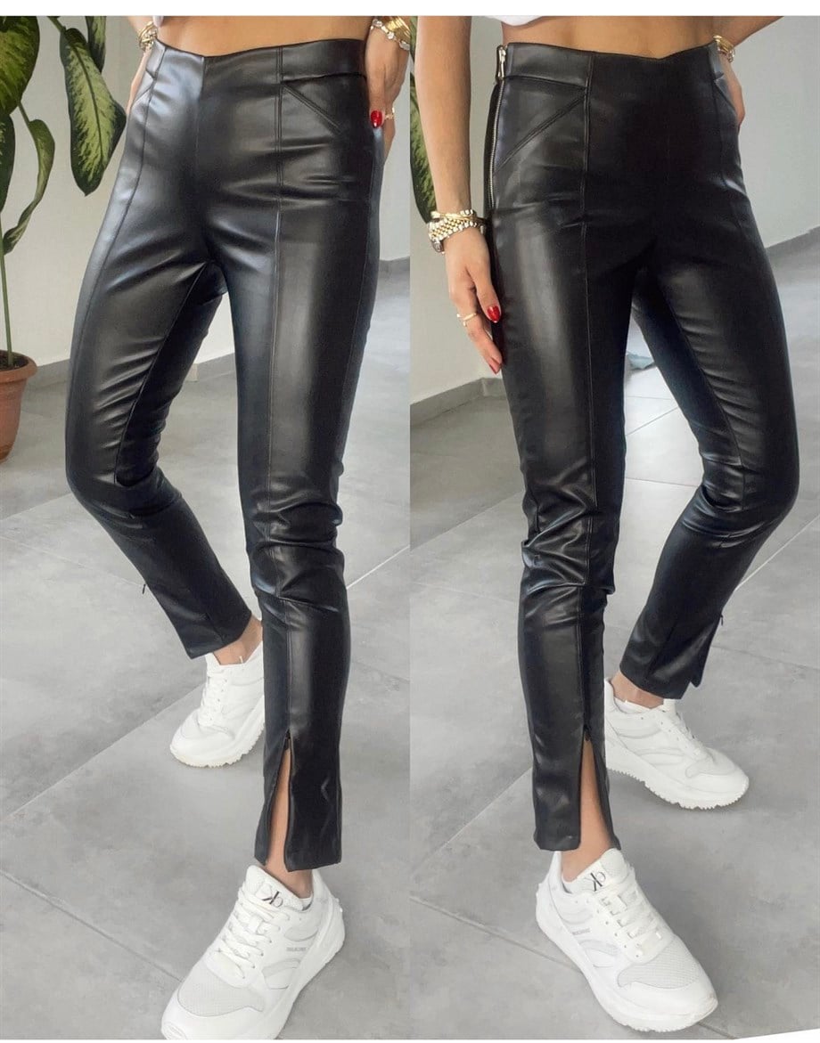 Yandan Fermuarlı Siyah Bol Paça Pantolon