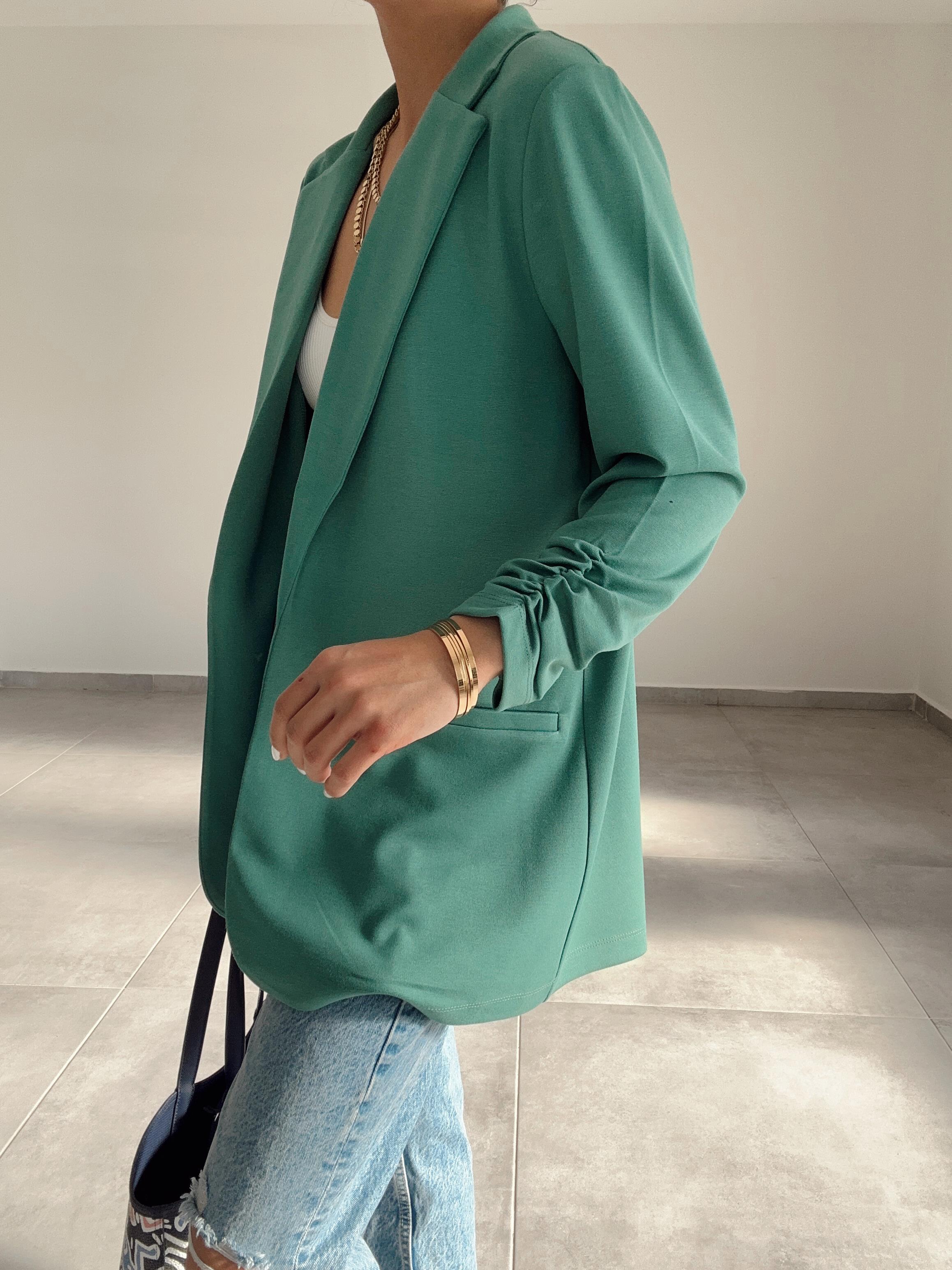 Yeşil Çelik Kumaş Kol Büzgülü Blazer Ceket