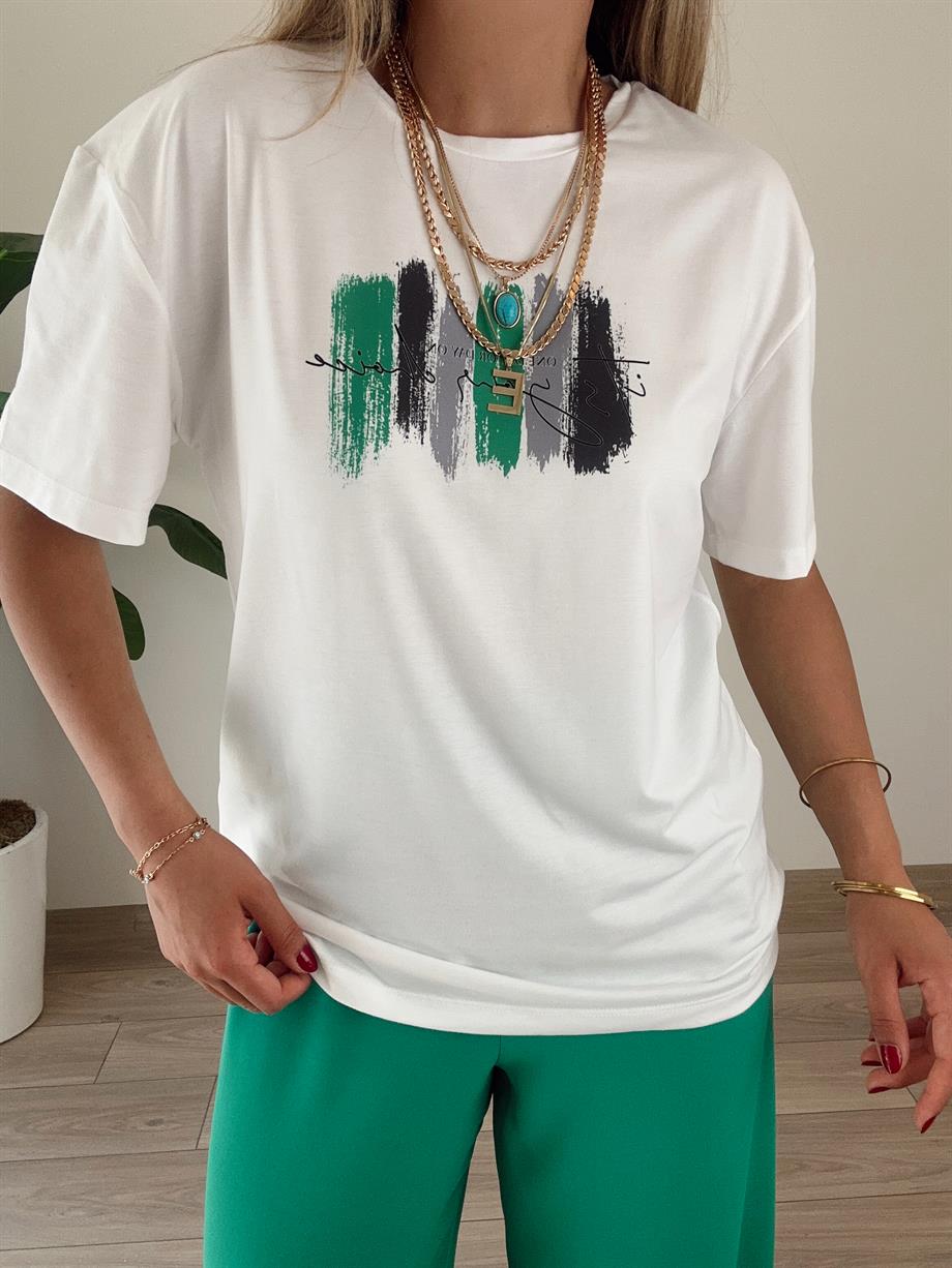 Yeşil Desenli Ekru Tişört