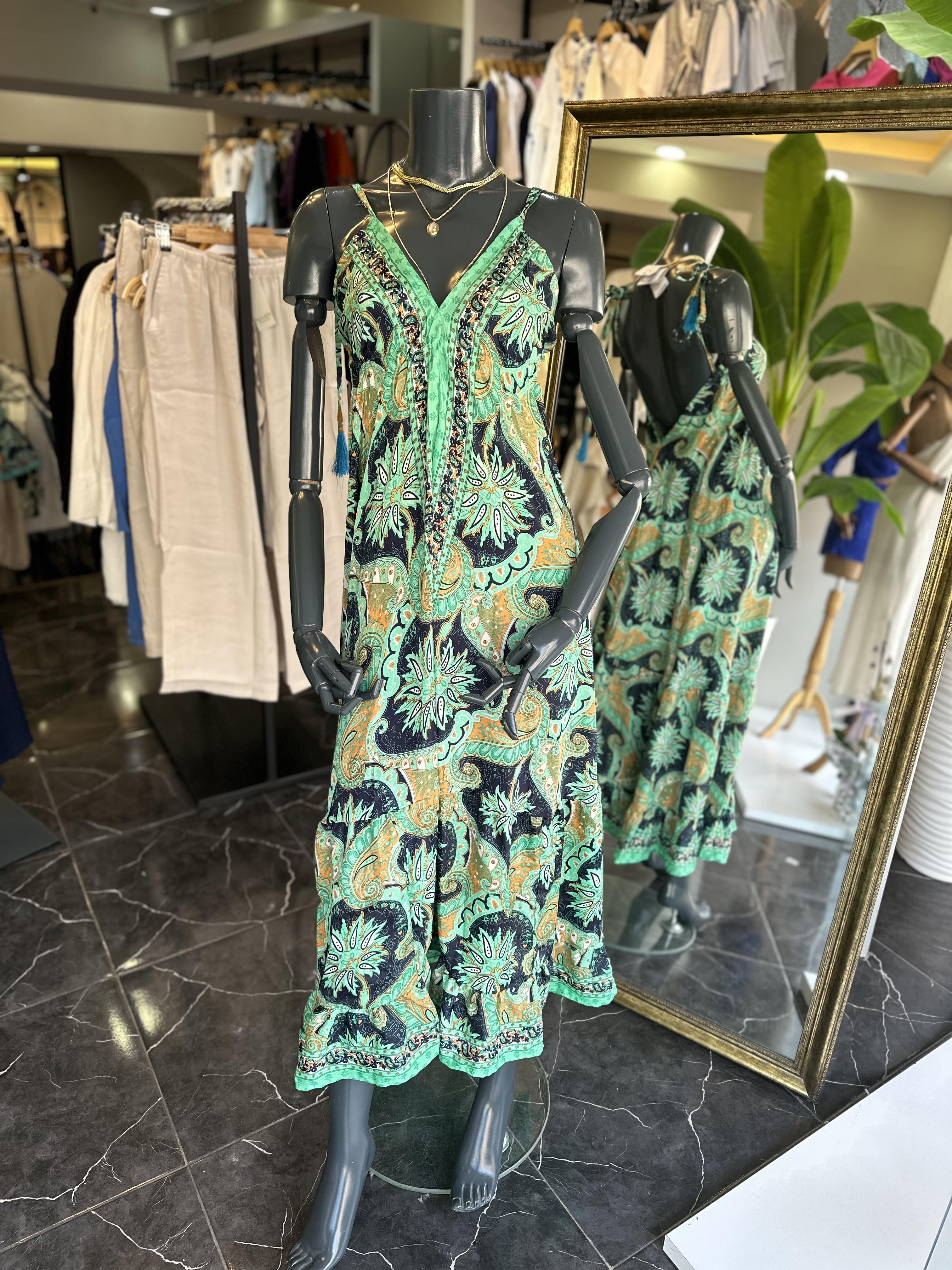 Yeşil Desenli V Yaka İthal Elbise