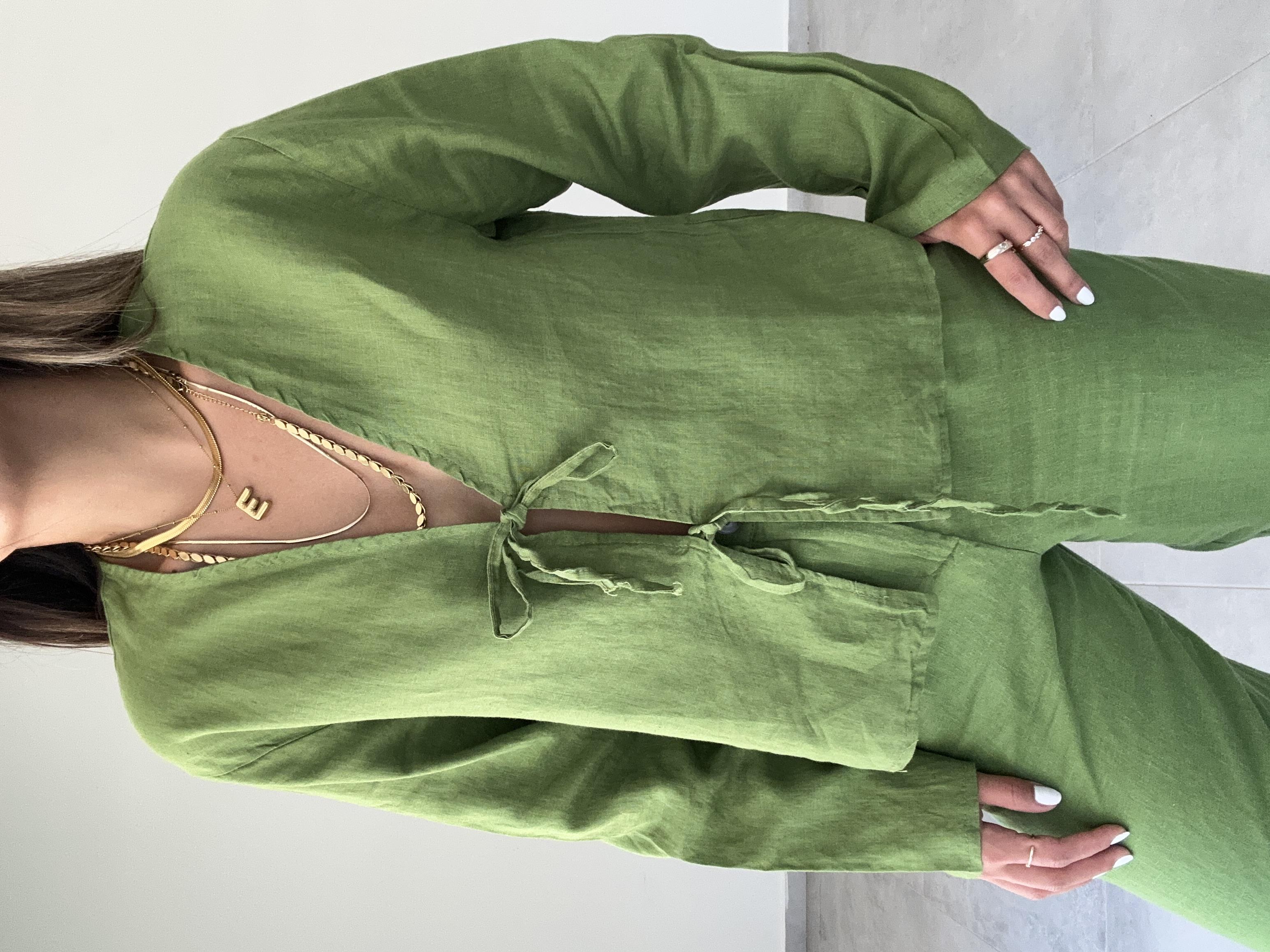 Yeşil Keten Bağlamalı Bluz