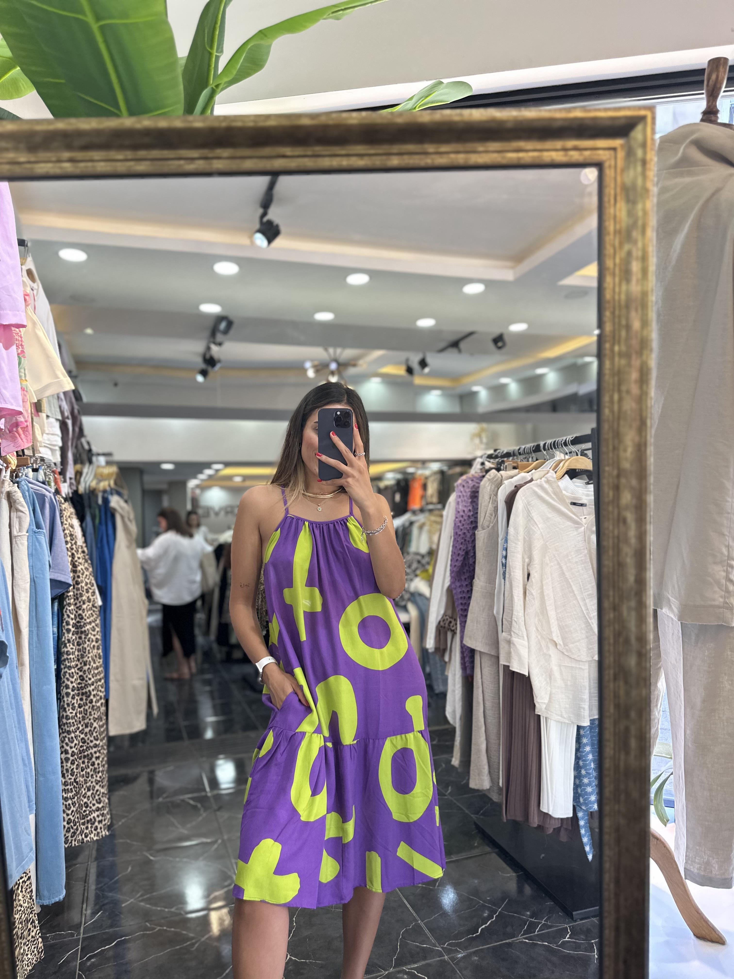 Yeşil-Mor Viskon Sırt Çapraz Kısa Elbise