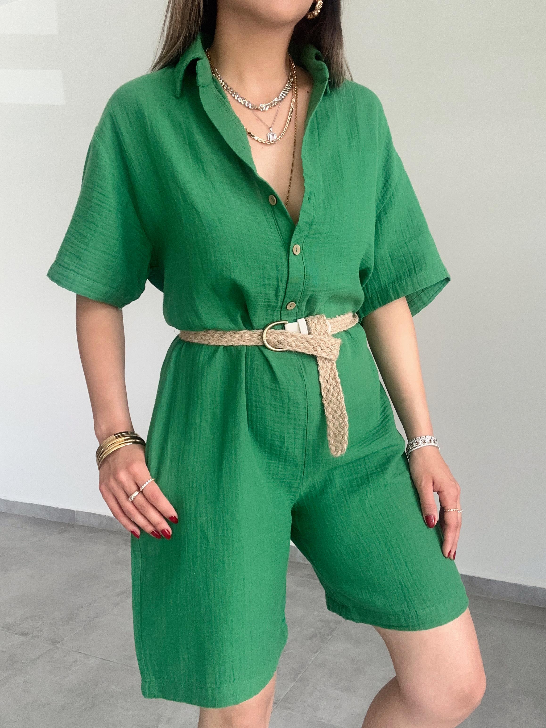 Yeşil Müslin Yakalı Tulum