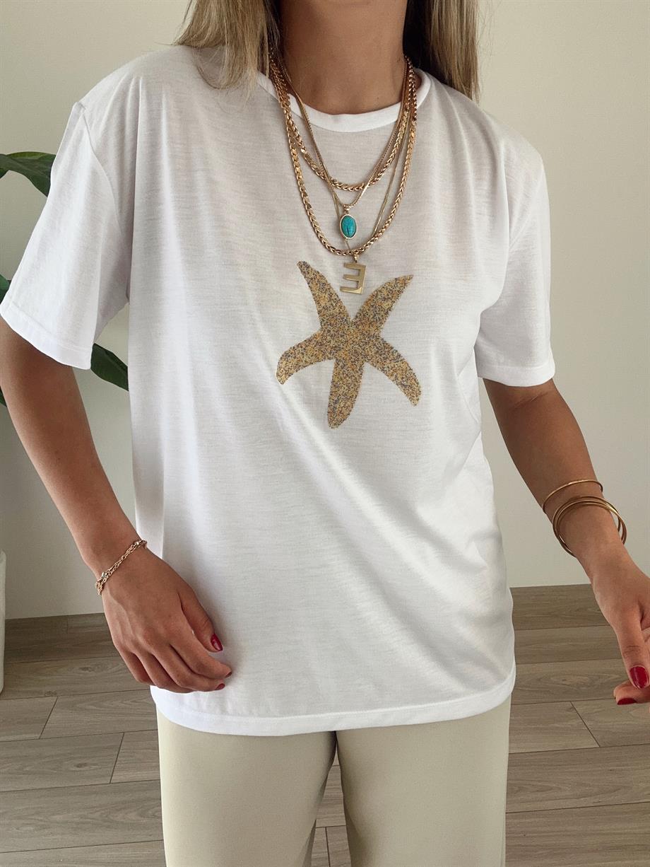 Yıldız Detaylı Ekru Tişört