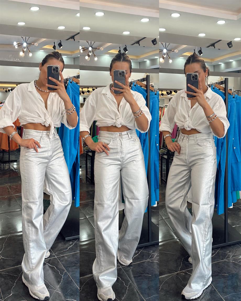 Yüksek Bel Metalik Pantolon