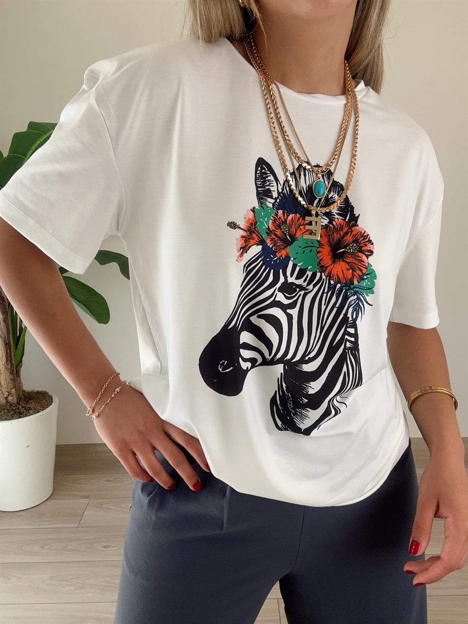 Zebra Desen Ekru Tişört