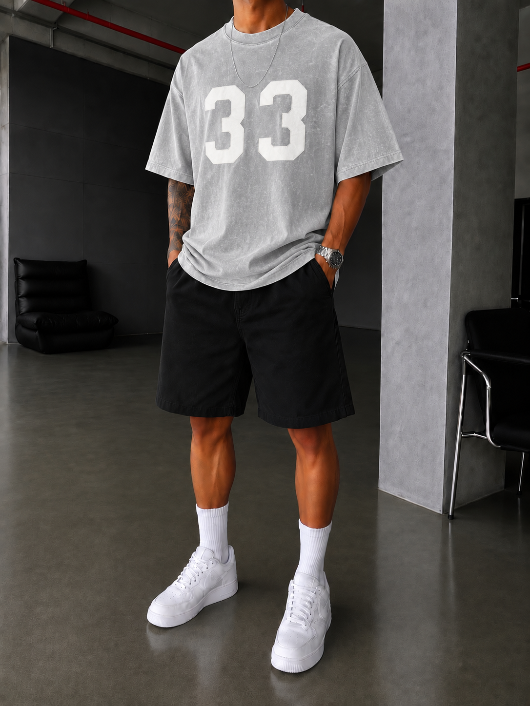 33 Pacht Detaylı Oversize T-Shirt - Gri