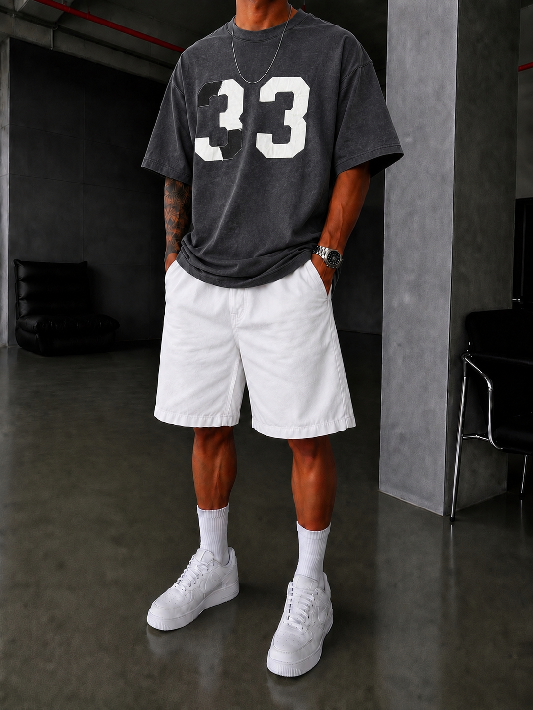 33 Pacht Detaylı Oversize T-Shirt - Siyah