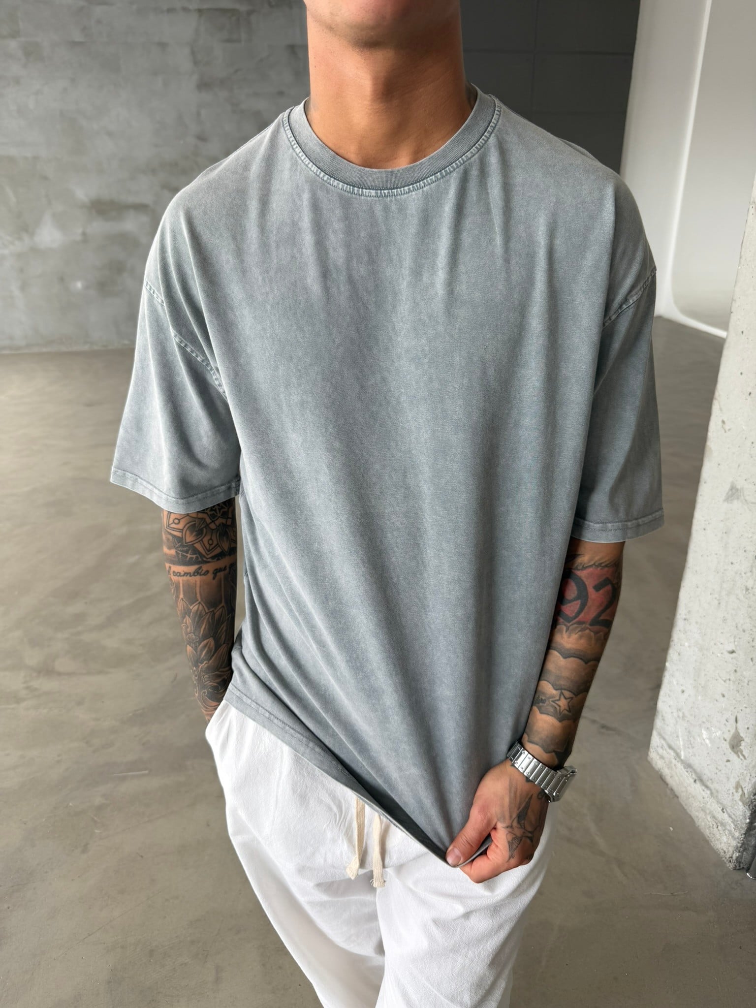 Acid Basic Yıkamalı T-Shirt - Gri