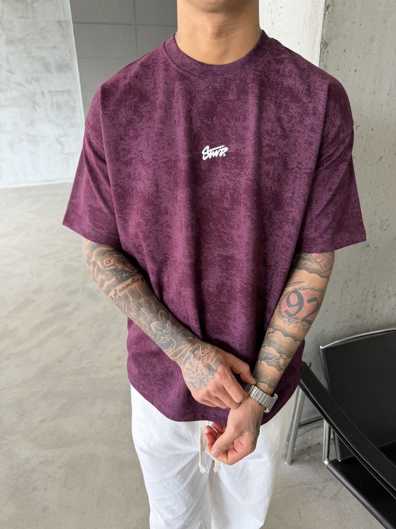 Basic Acid Yıkamalı P&B Nakış T-Shirt - Bordo