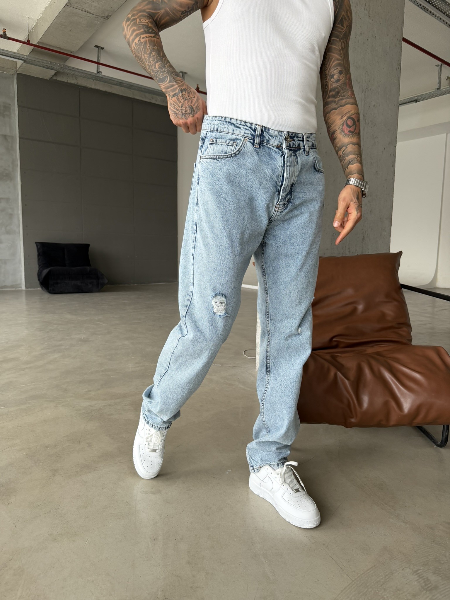 Basic Baggy Fit Yırtık Detay Pantolon - Mavi