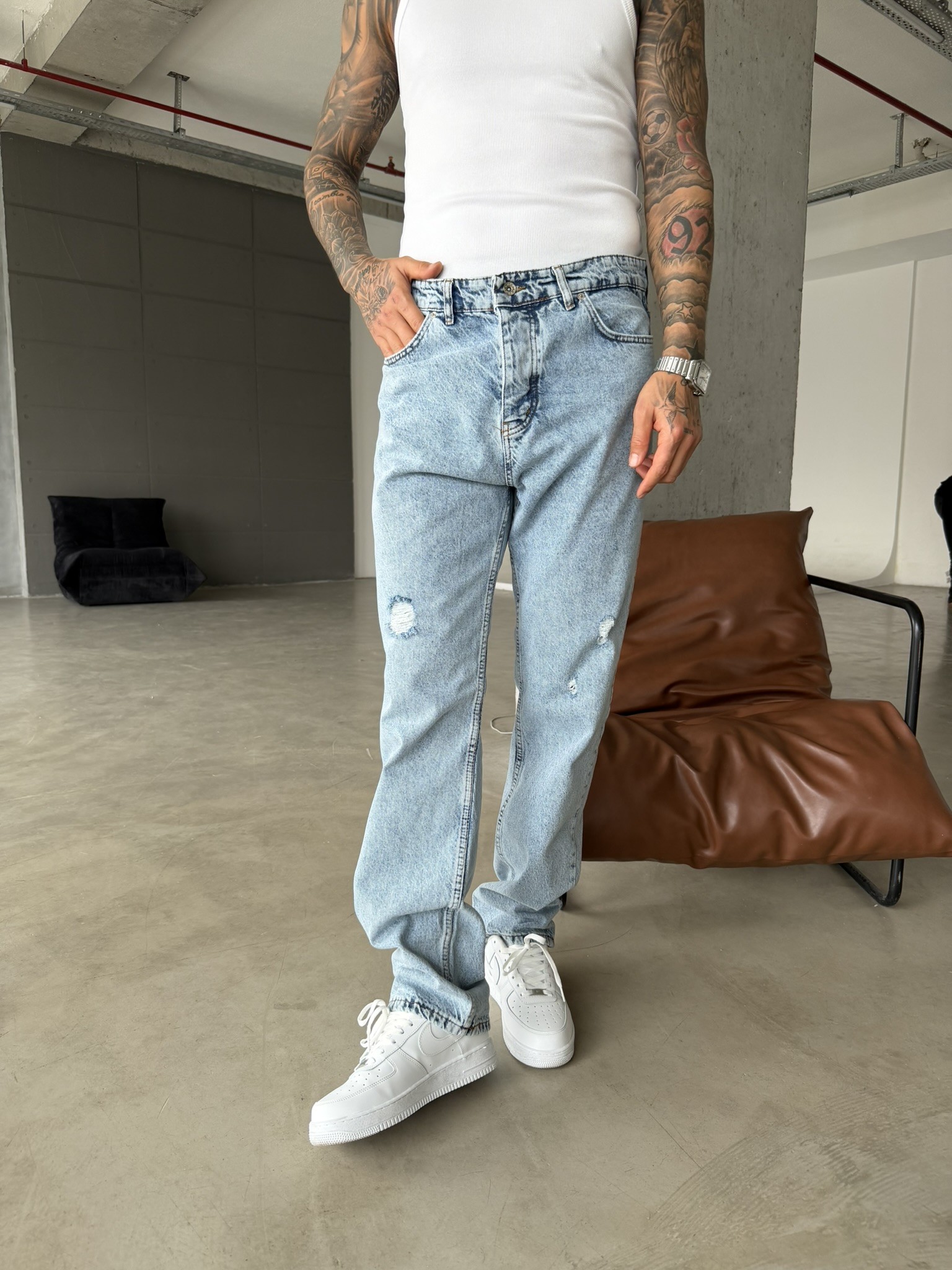 Basic Baggy Fit Yırtık Detay Pantolon - Mavi