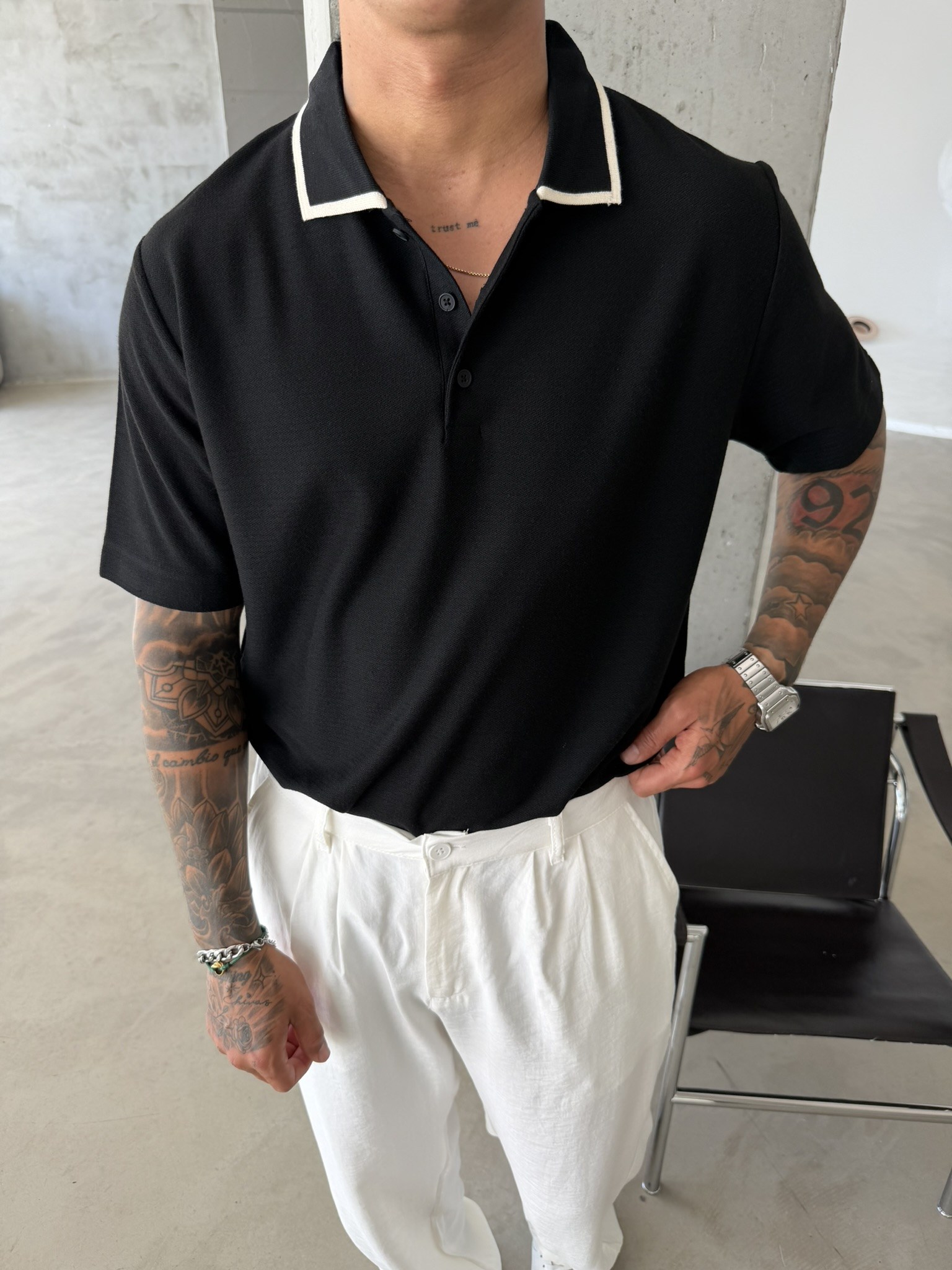 Basic Old Money Premium Pat Polo Yaka T-Shirt - Siyah