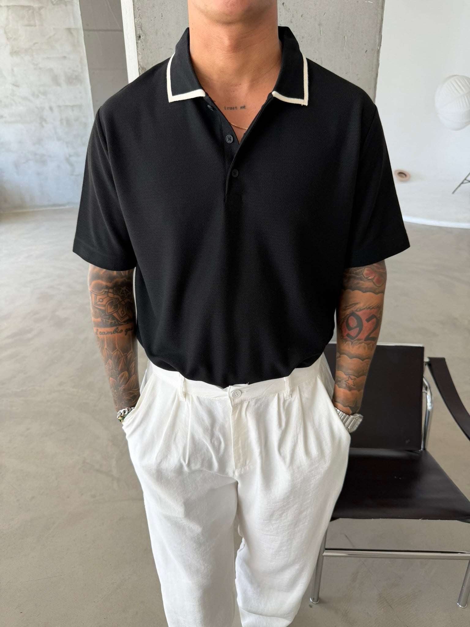 Basic Old Money Premium Pat Polo Yaka T-Shirt - Siyah
