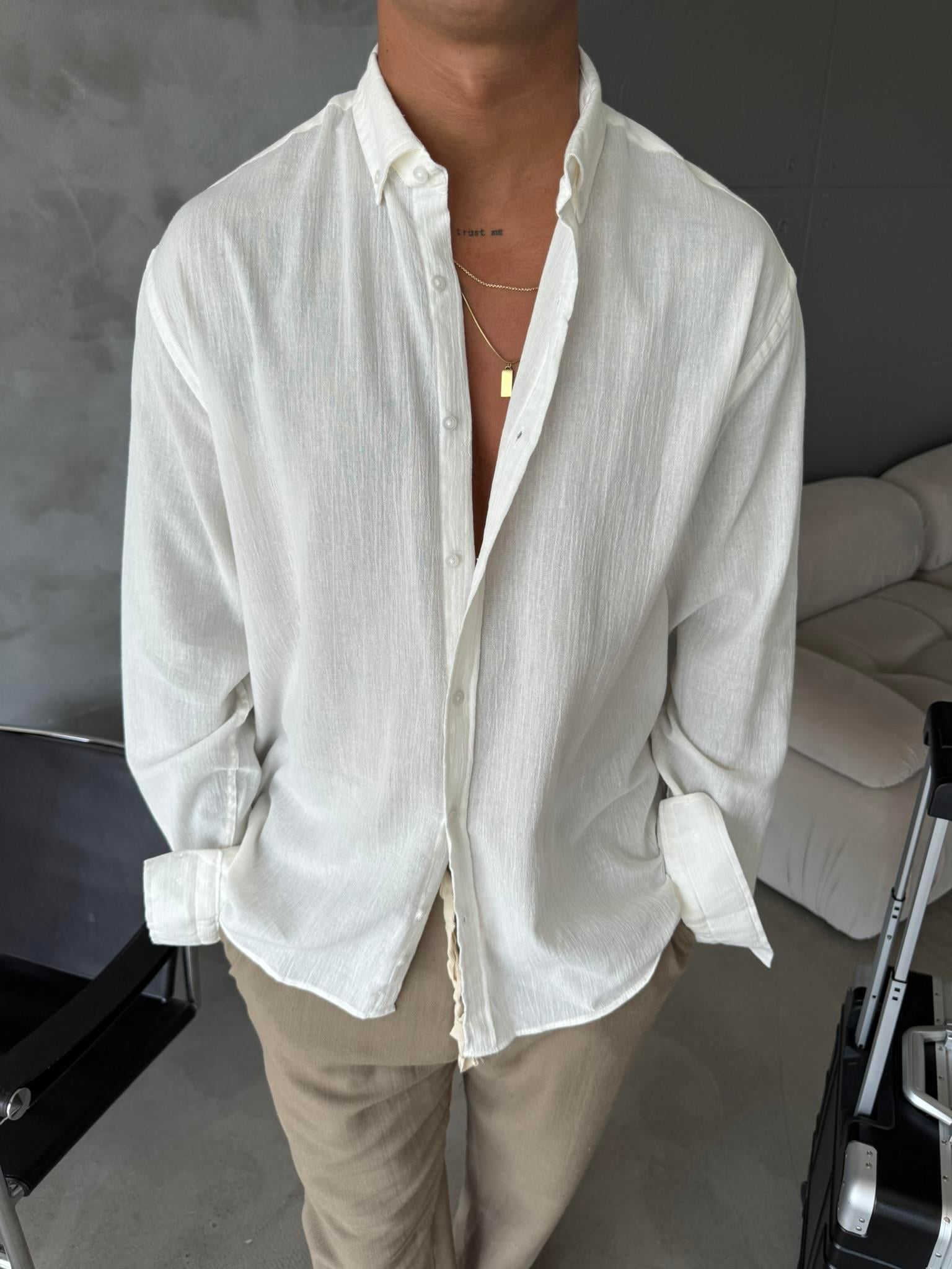 Dokulu Keten Gömlek - Beyaz