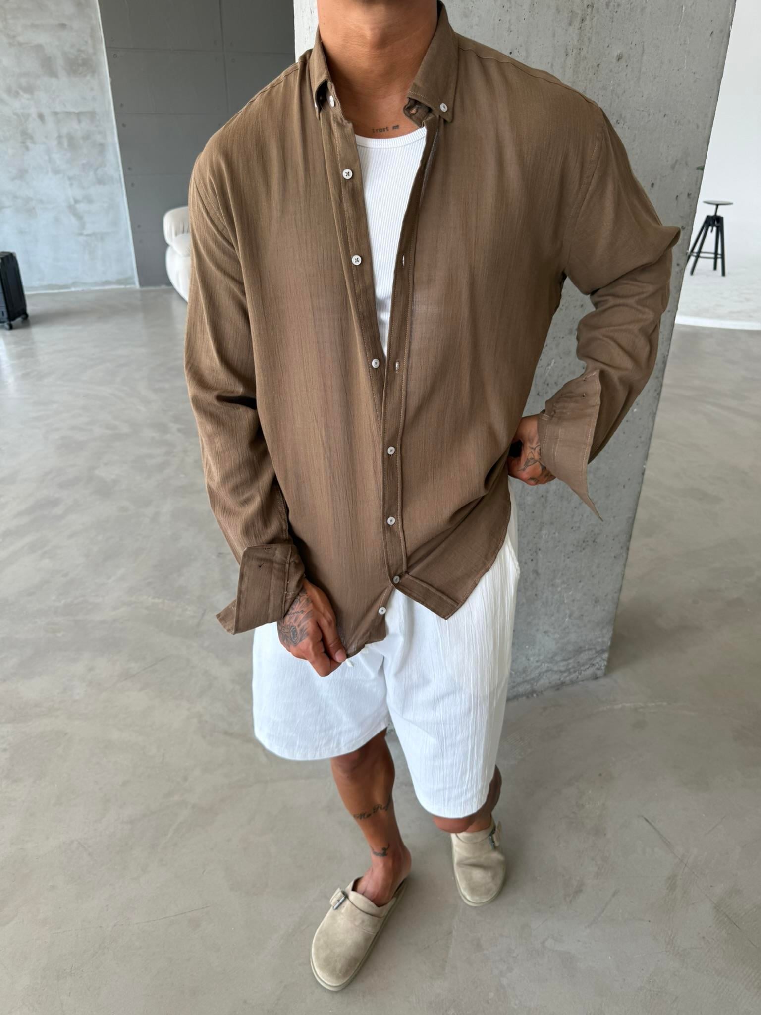 Dokulu Keten Gömlek - Kahve