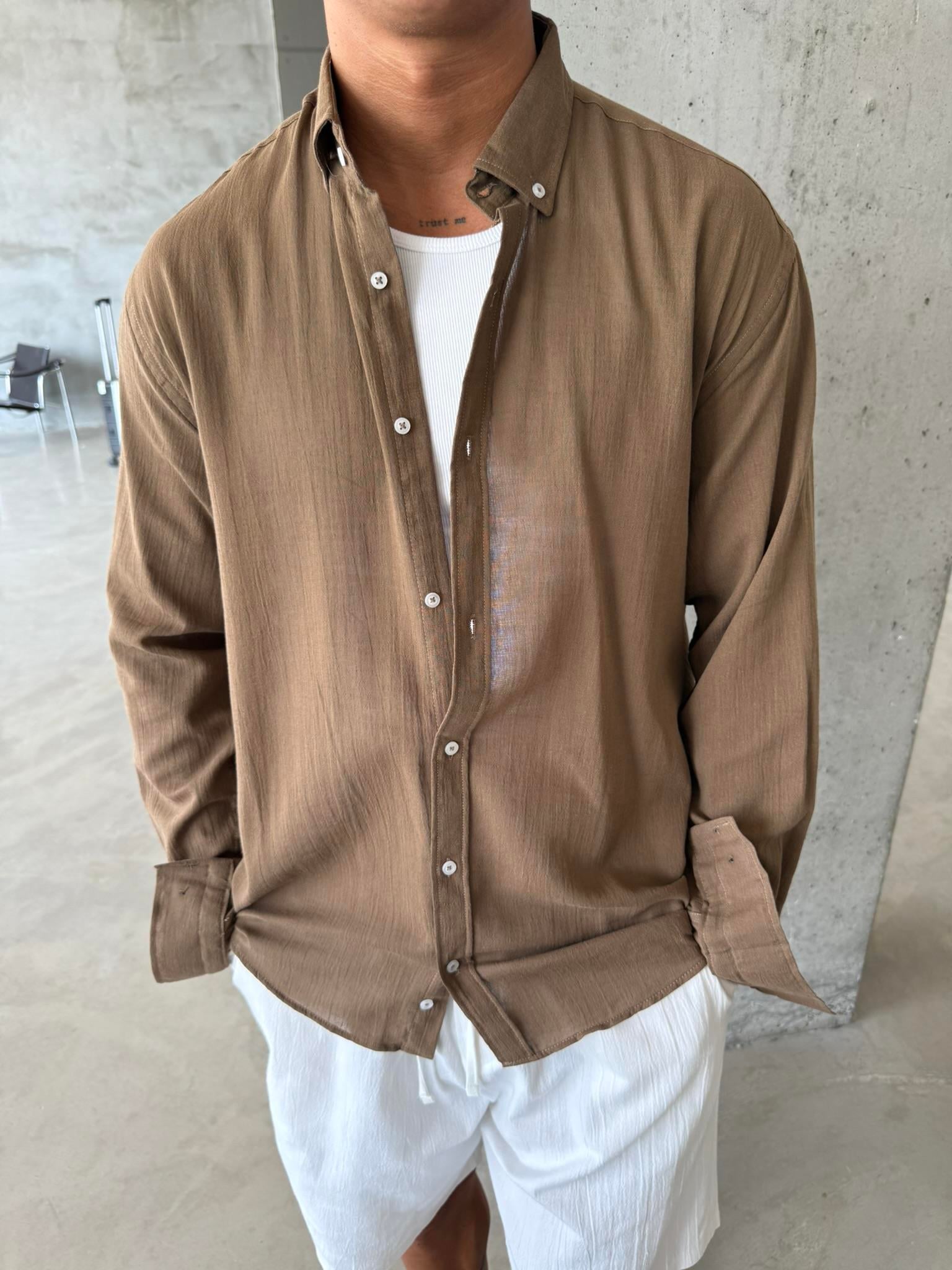 Dokulu Keten Gömlek - Kahve