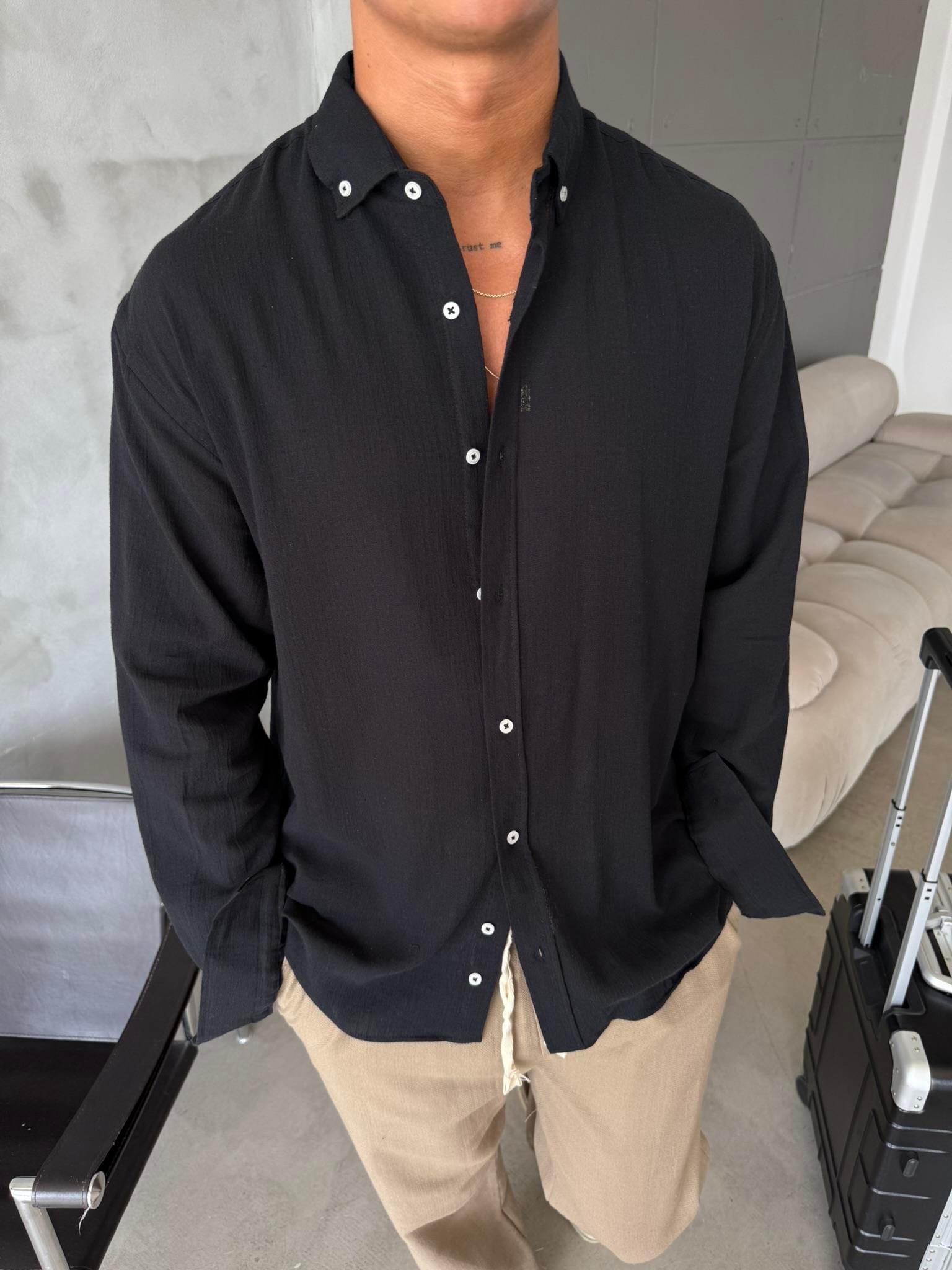 Dokulu Keten Gömlek - Siyah