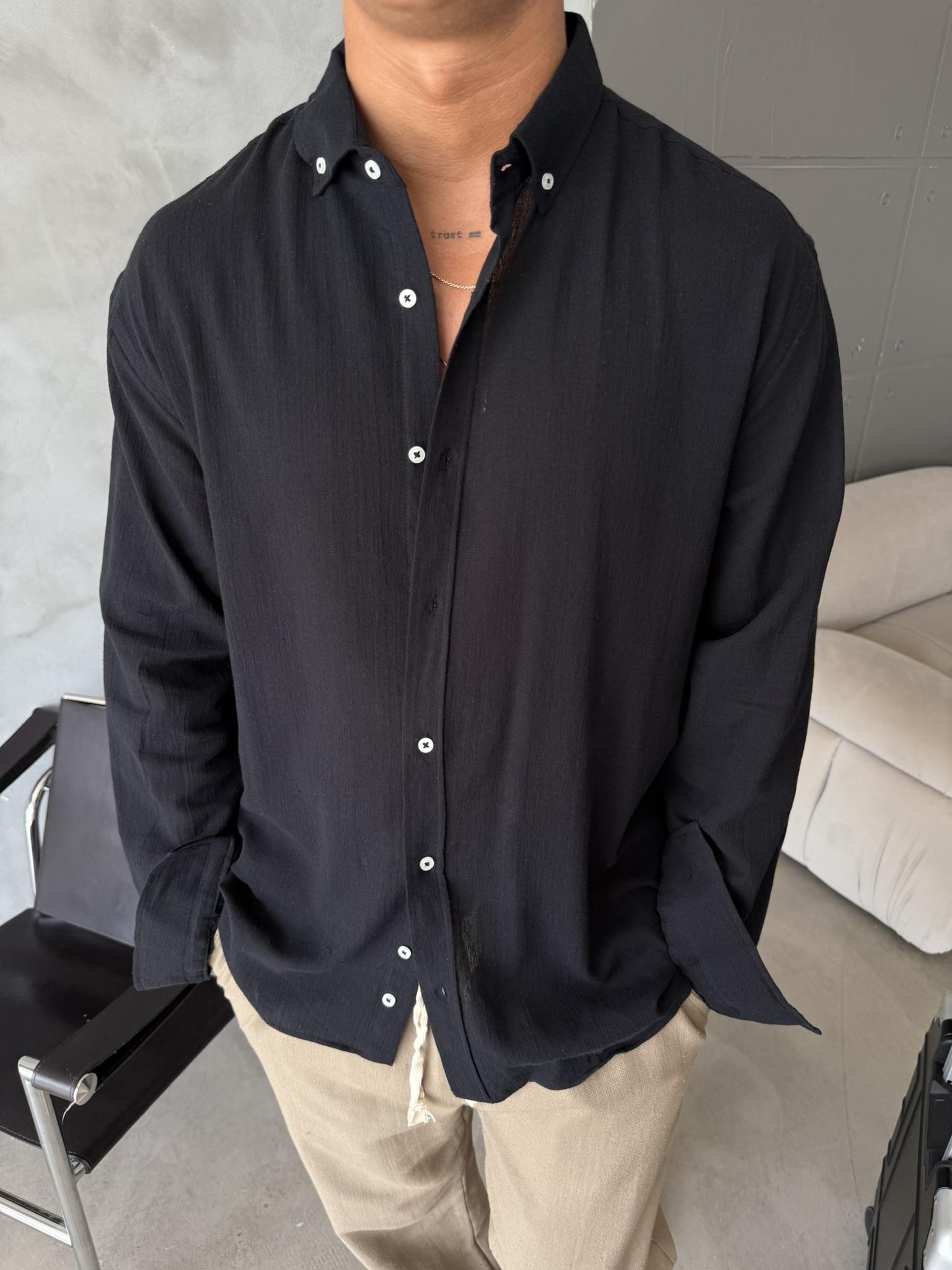 Dokulu Keten Gömlek - Siyah