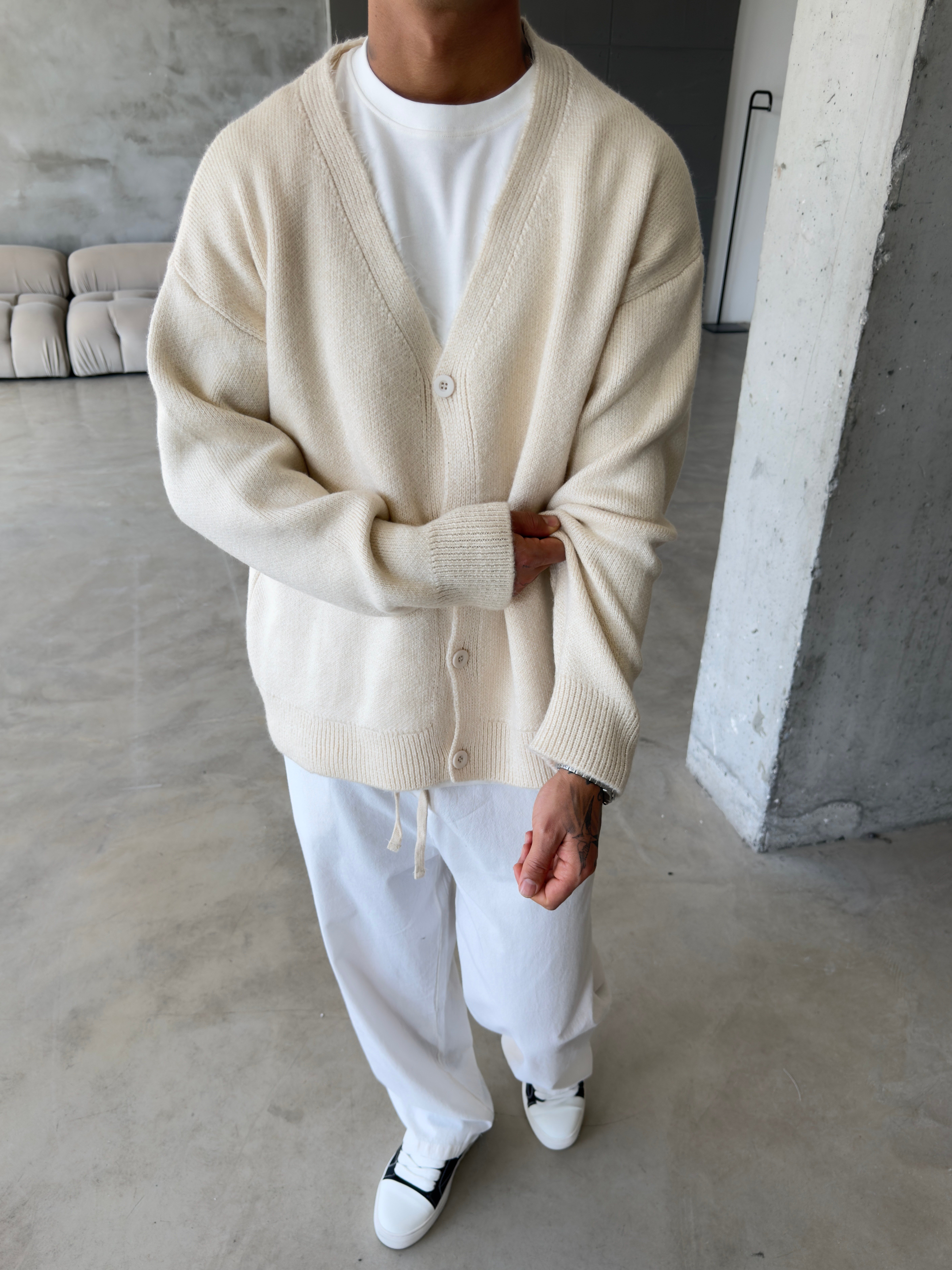 Düğmeli Basic Triko Hıkra - Bej