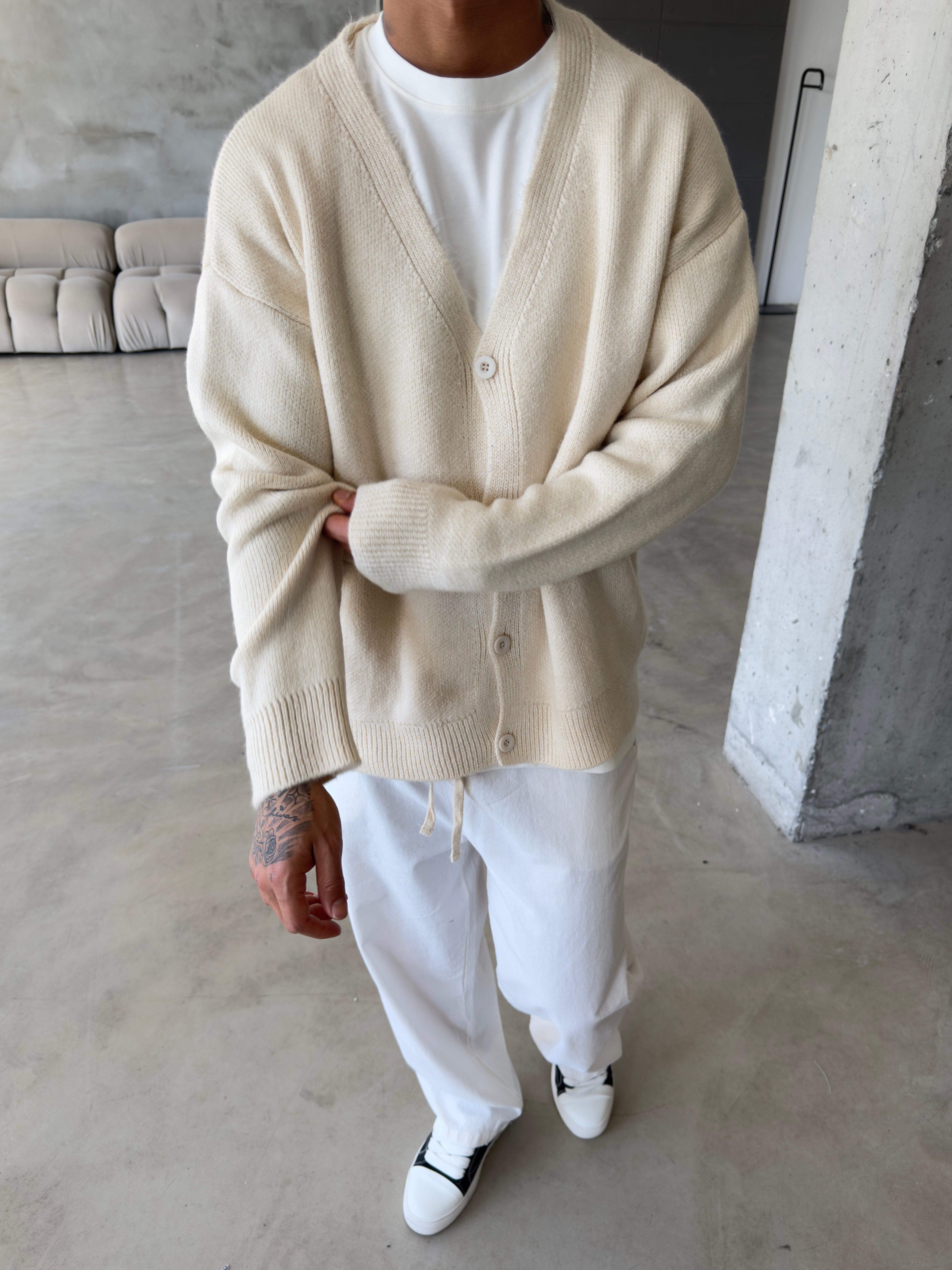 Düğmeli Basic Triko Hıkra - Bej