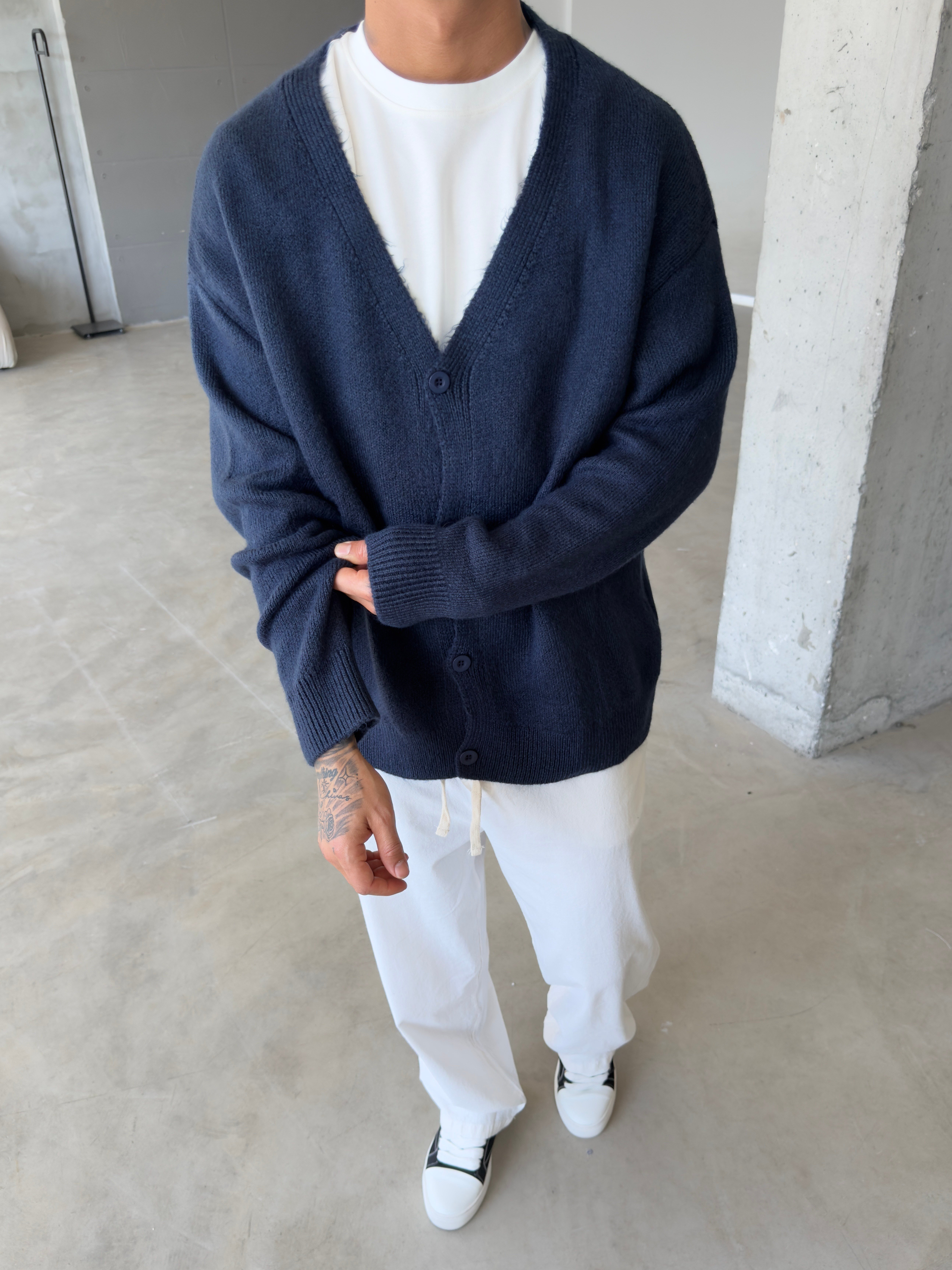 Düğmeli Basic Triko Hıkra - Lacivert