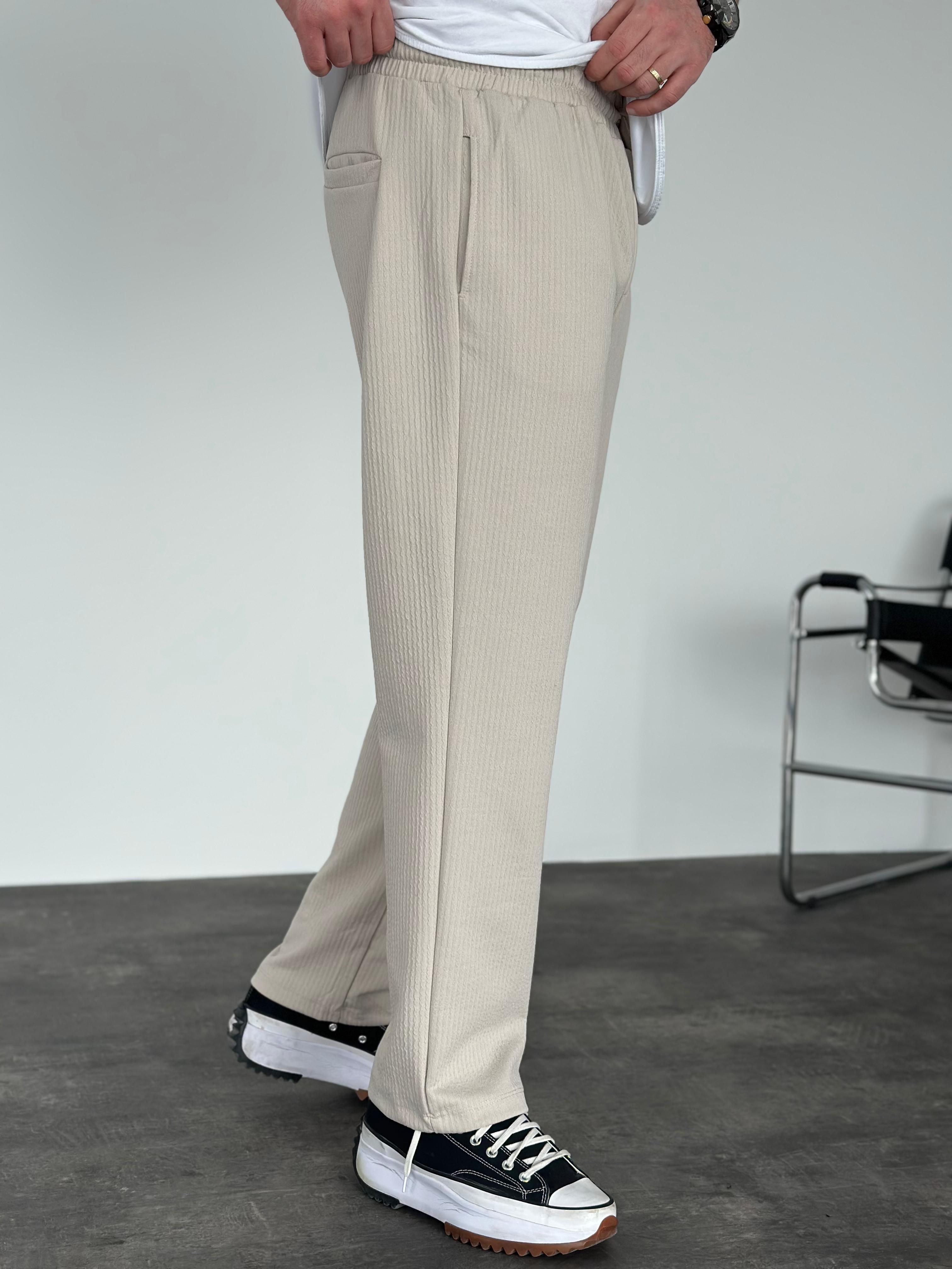 Erkek Baggy Fit Beli Lastikli Çizgili (Fitilli) Pantolon Bej