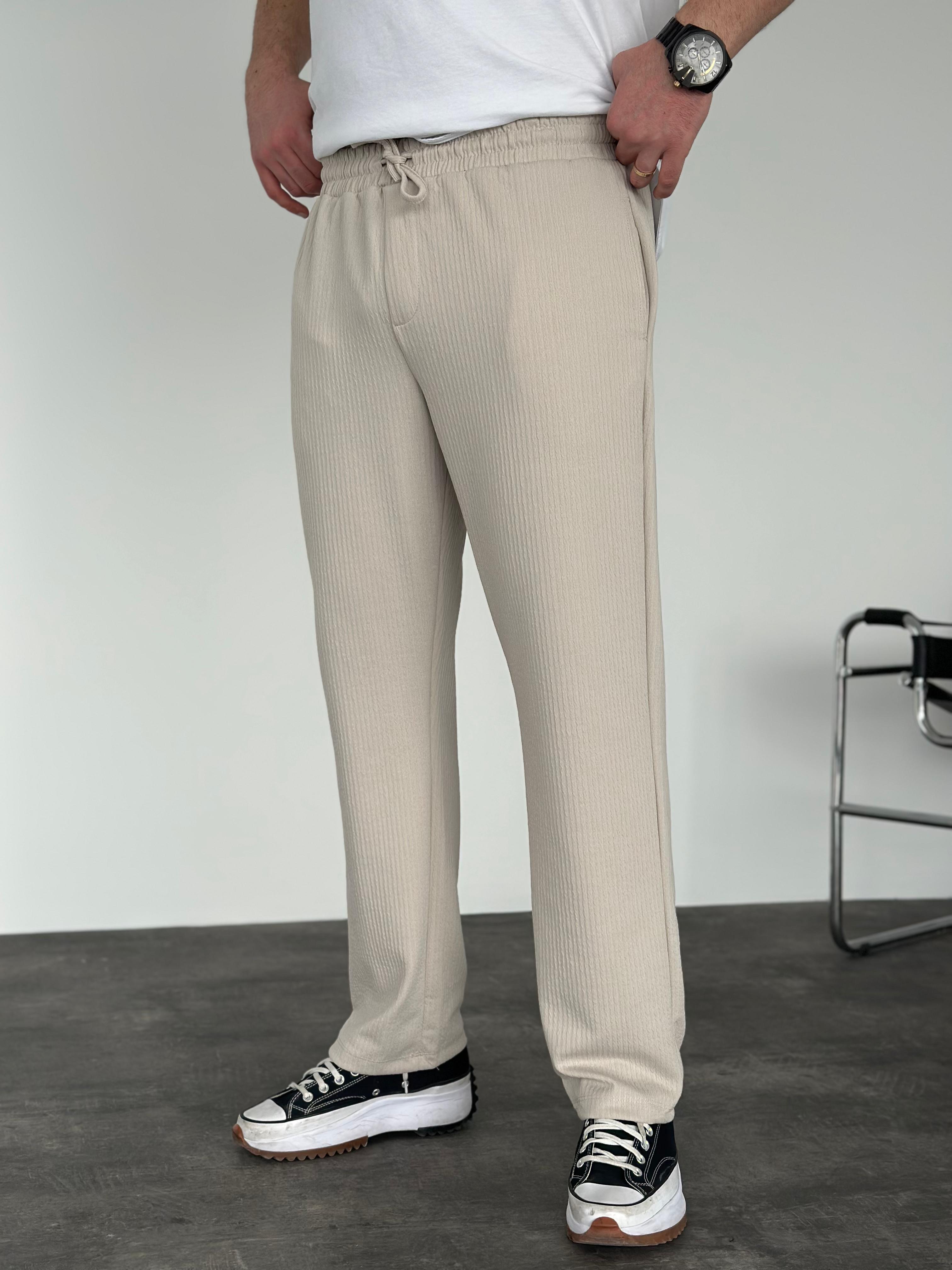 Erkek Baggy Fit Beli Lastikli Çizgili (Fitilli) Pantolon Bej