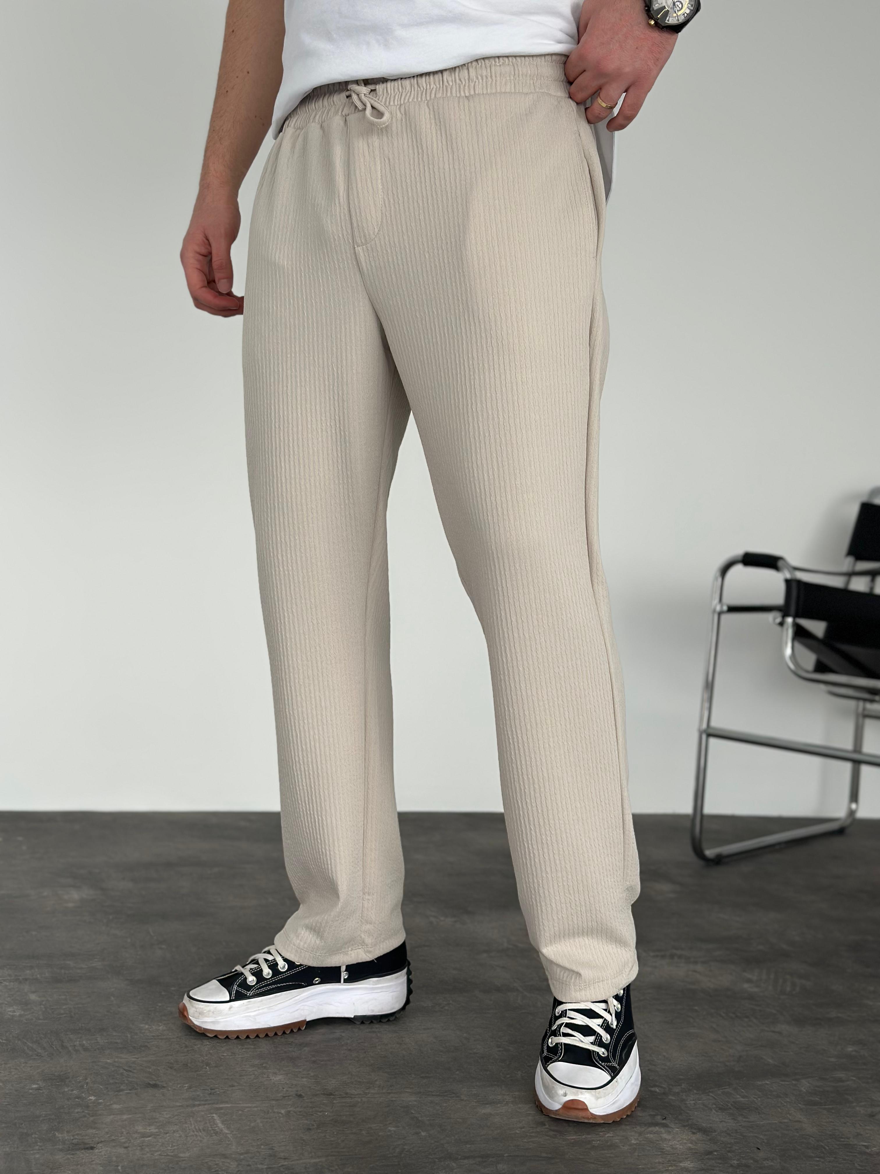 Erkek Baggy Fit Beli Lastikli Çizgili (Fitilli) Pantolon Bej