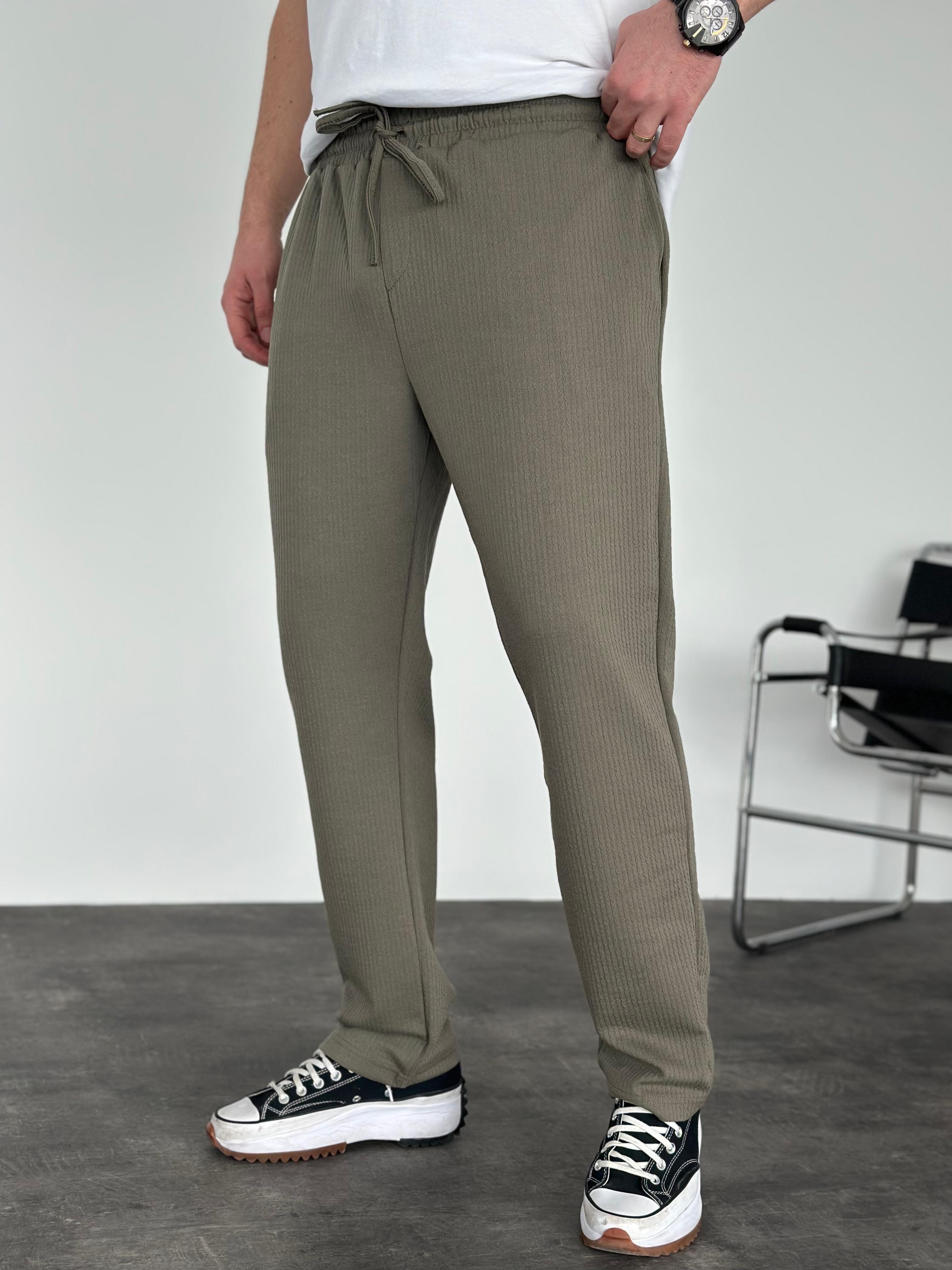 Erkek Baggy Fit Beli Lastikli Çizgili (Fitilli) Pantolon Haki